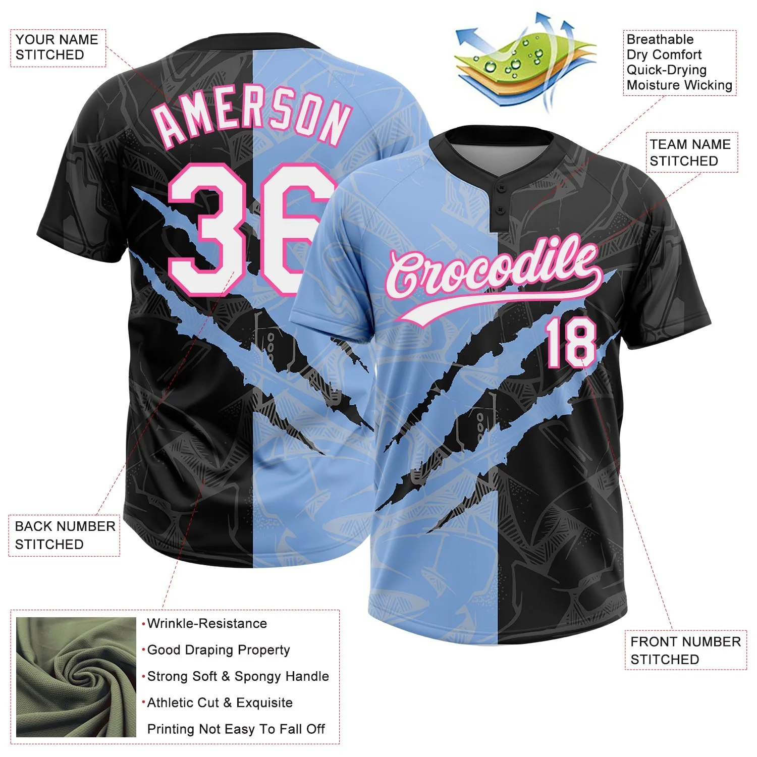 Custom Graffiti Pattern Black Light Blue-Pink 3D Two-Button Unisex Softball Jersey FansIdea
