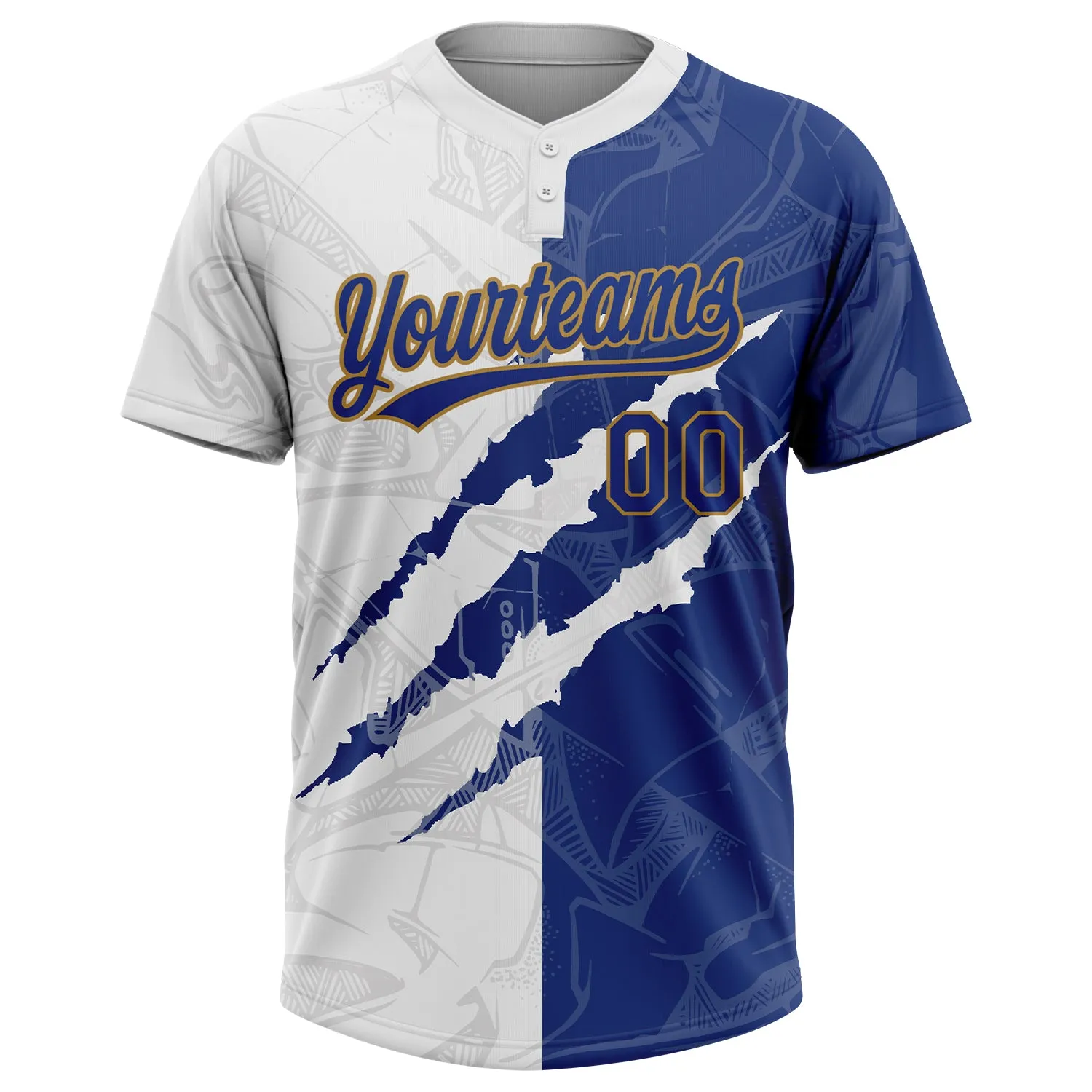 Custom Graffiti Pattern Royal-Old Gold 3D Two-Button Unisex Softball Jersey FansIdea