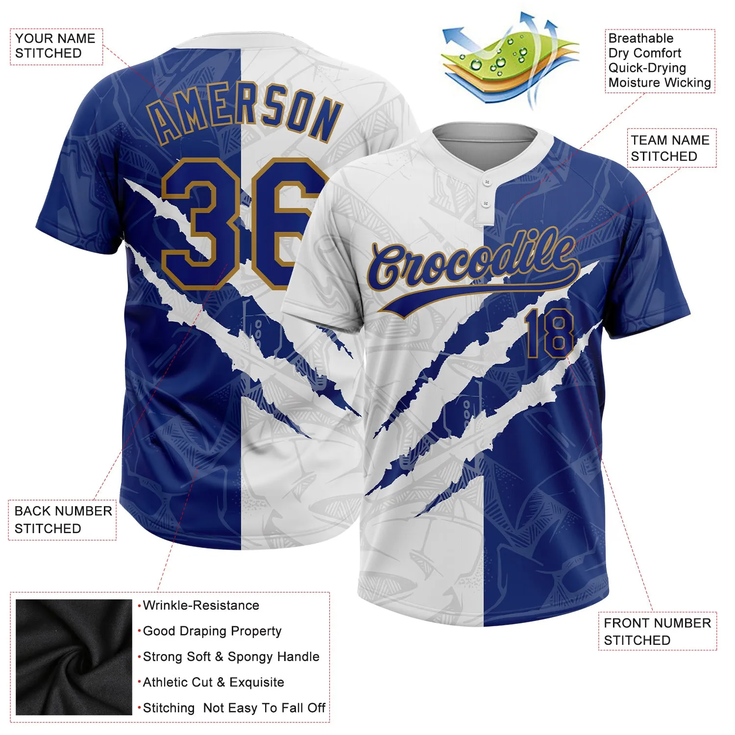 Custom Graffiti Pattern Royal-Old Gold 3D Two-Button Unisex Softball Jersey FansIdea