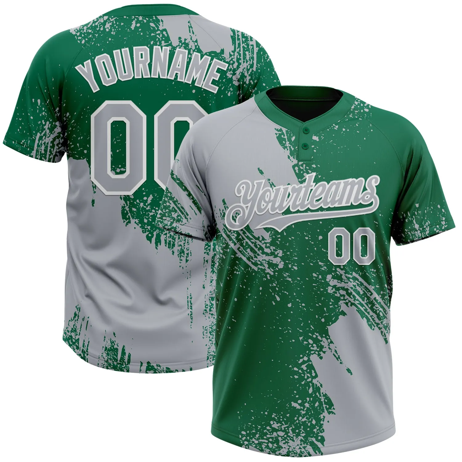 Custom Gray Kelly Green-White 3D Pattern Abstract Brush Stroke Two-Button Unisex Softball Jersey FansIdea