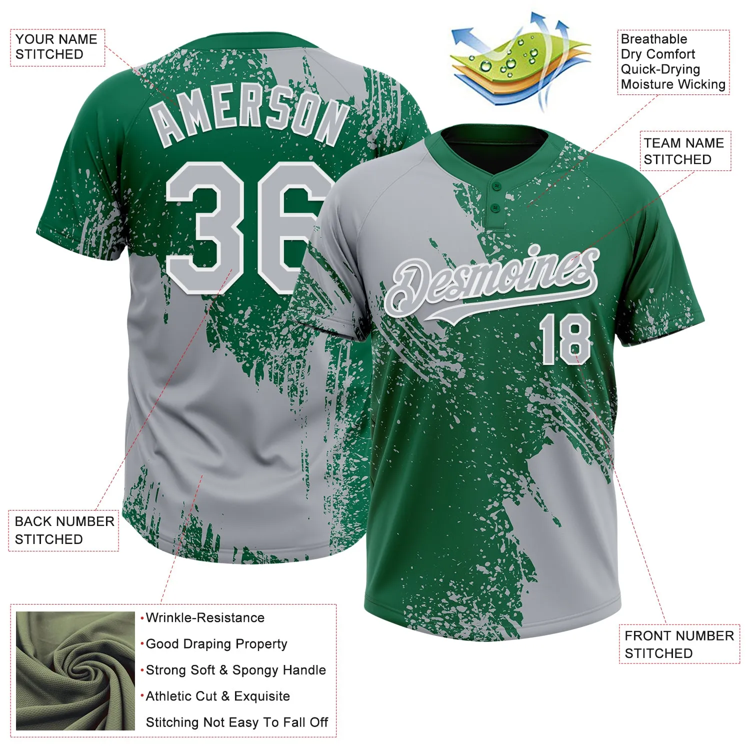Custom Gray Kelly Green-White 3D Pattern Abstract Brush Stroke Two-Button Unisex Softball Jersey FansIdea
