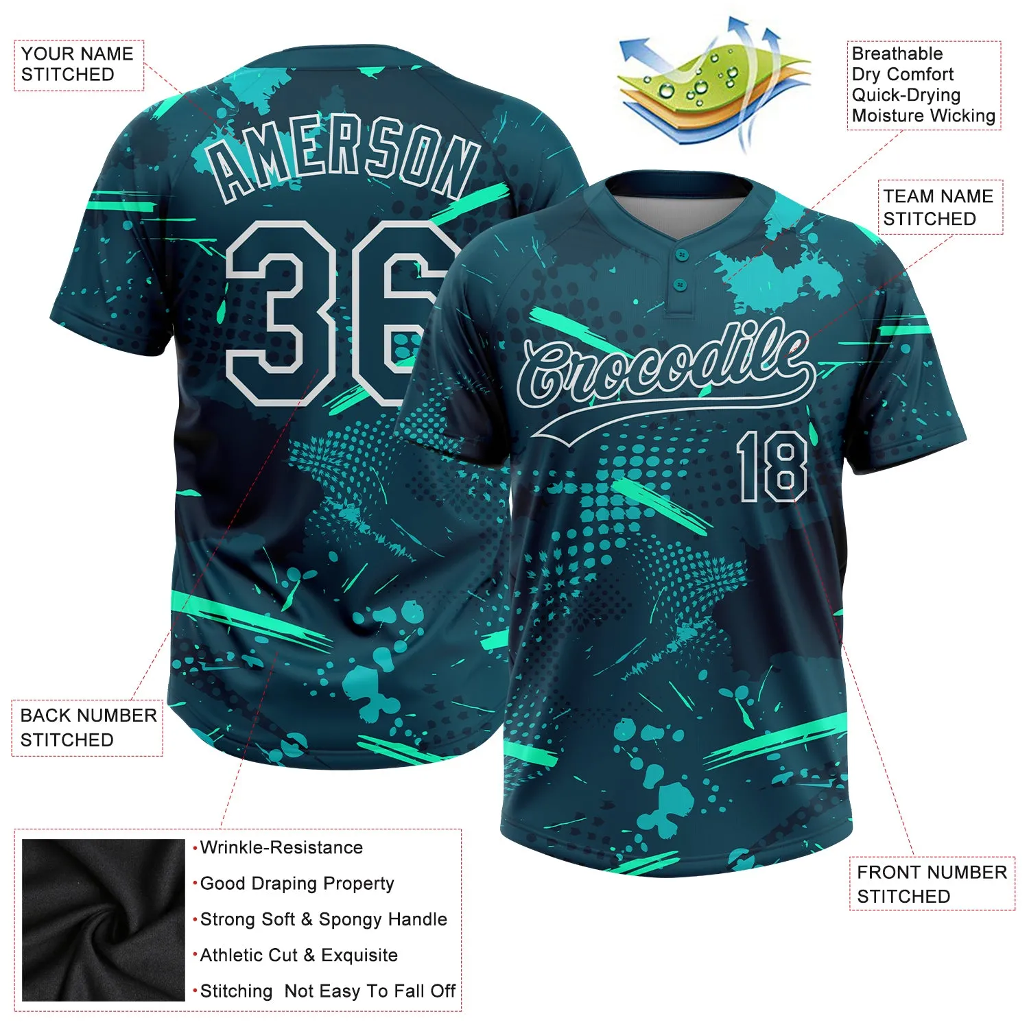 Custom Green Midnight Green-Teal 3D Pattern Two-Button Unisex Softball Jersey FansIdea