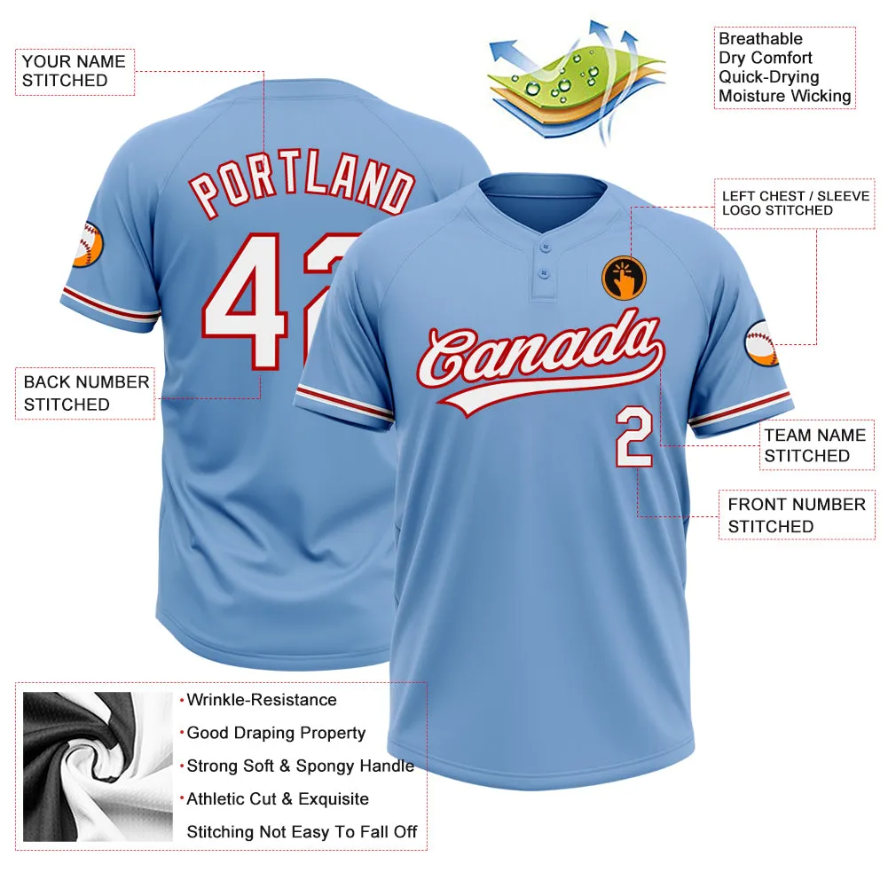 Custom Light Blue White-Red Two-Button Unisex Softball Jersey FansIdea