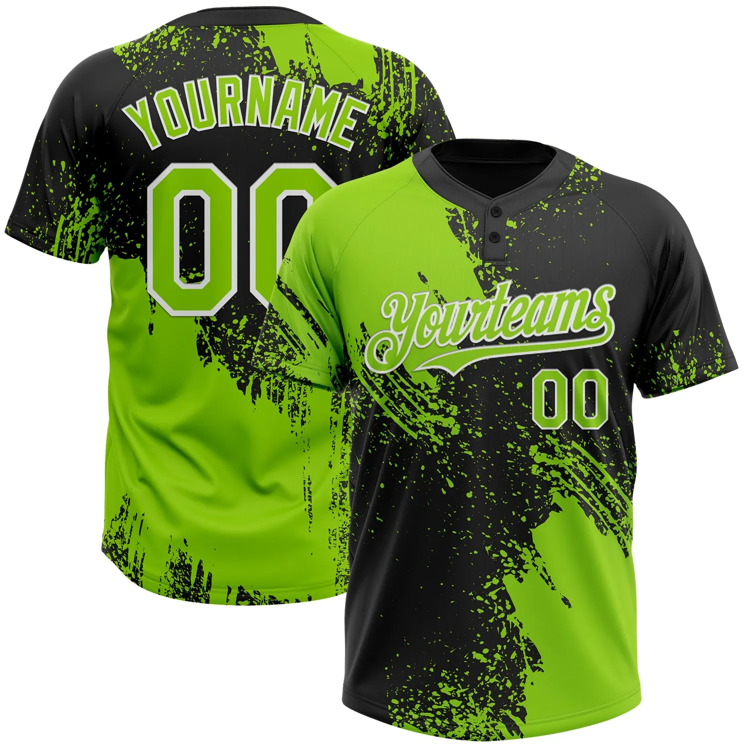 Custom Neon Green Black-White 3D Pattern Abstract Brush Stroke Two-Button Unisex Softball Jersey FansIdea