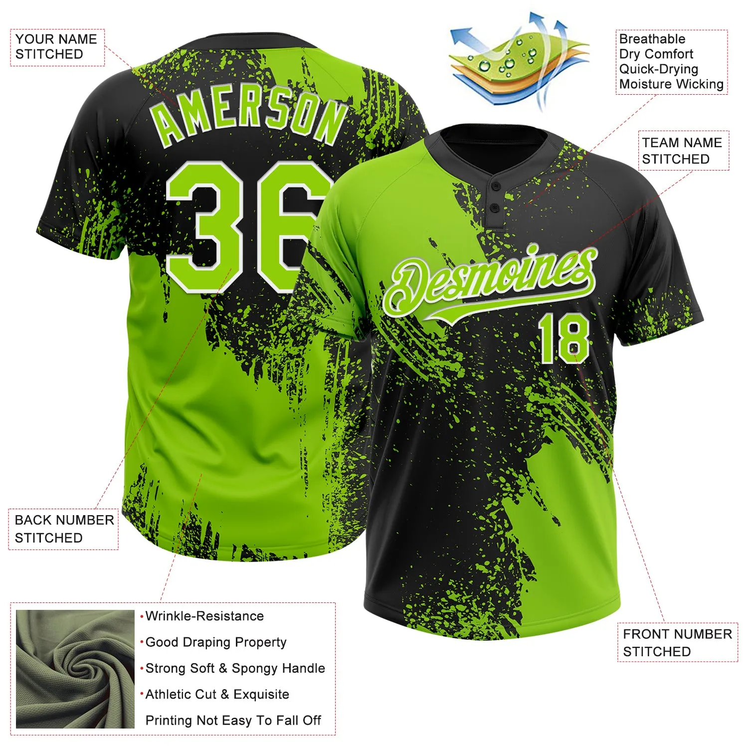 Custom Neon Green Black-White 3D Pattern Abstract Brush Stroke Two-Button Unisex Softball Jersey FansIdea