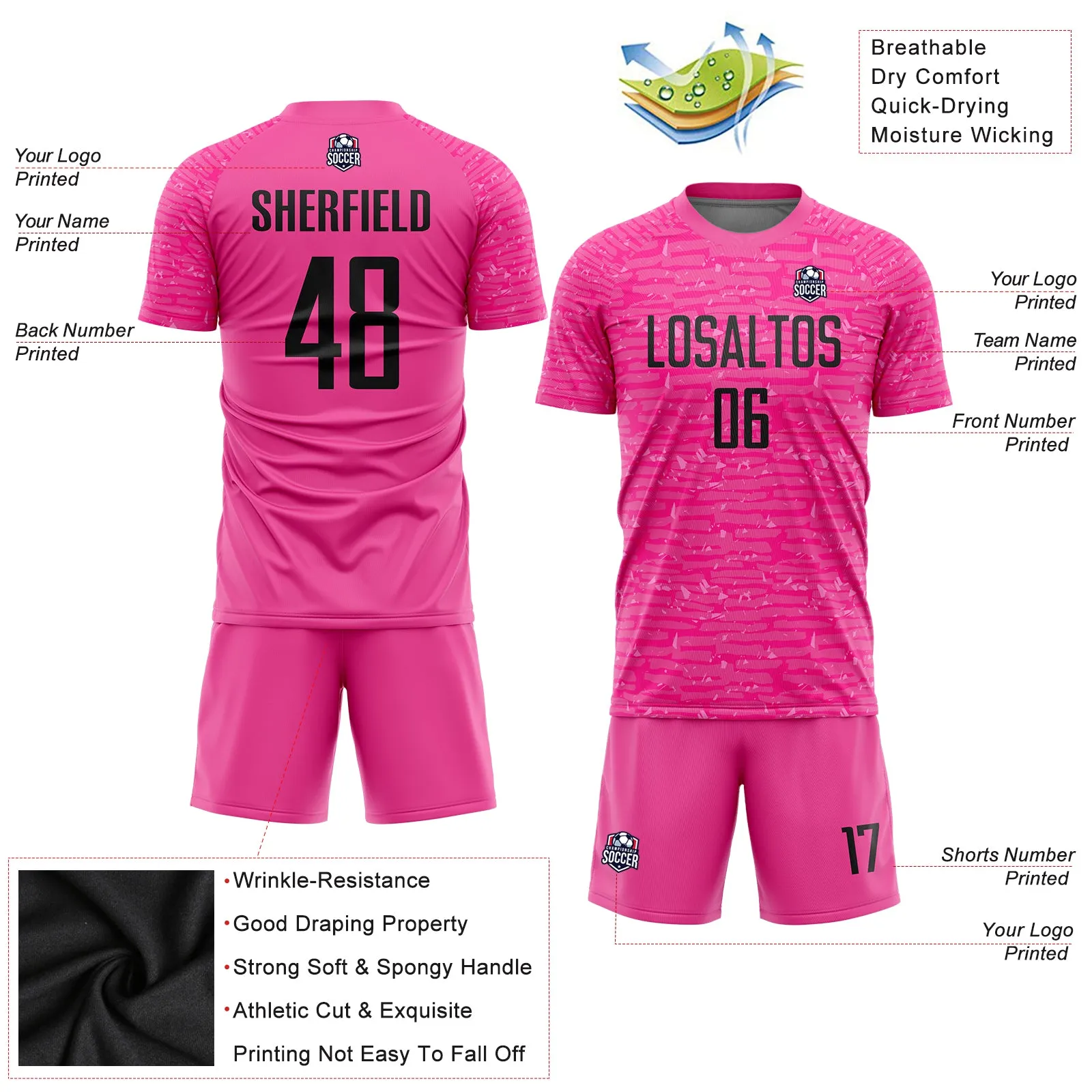 Custom Pink Black Sublimation Soccer Uniform Jersey FansIdea
