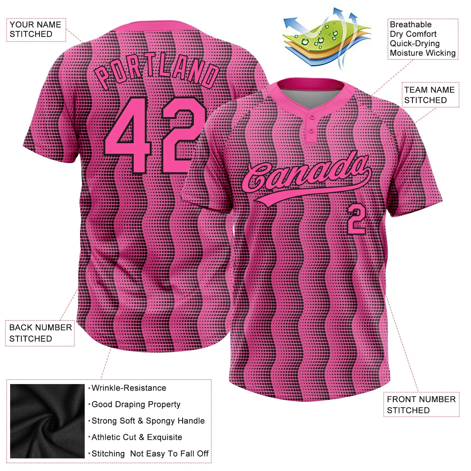 Custom Pink Pink-Black 3D Pattern Two-Button Unisex Softball Jersey FansIdea