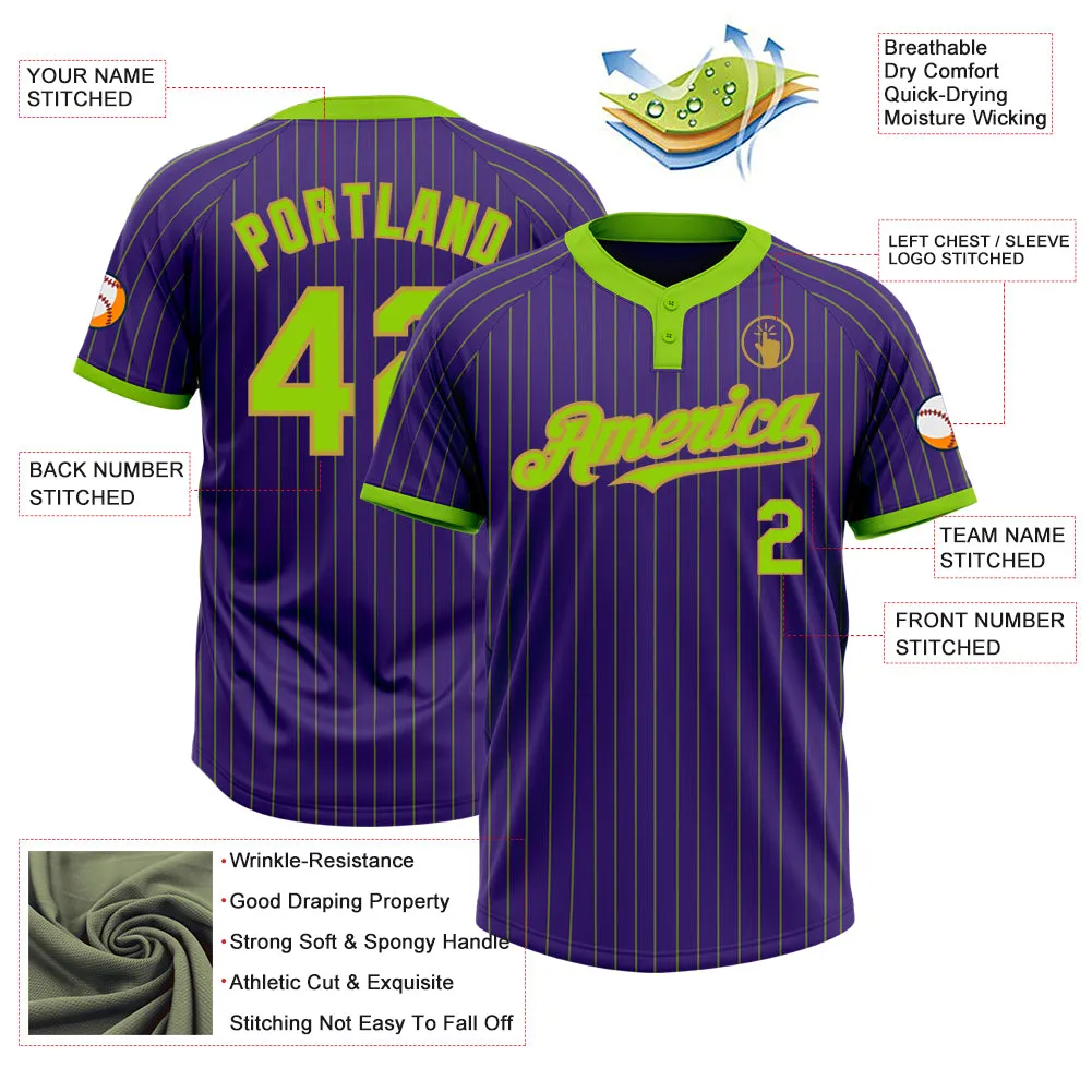 Custom Purple Neon Green Pinstripe Old Gold Two-Button Unisex Softball Jersey FansIdea