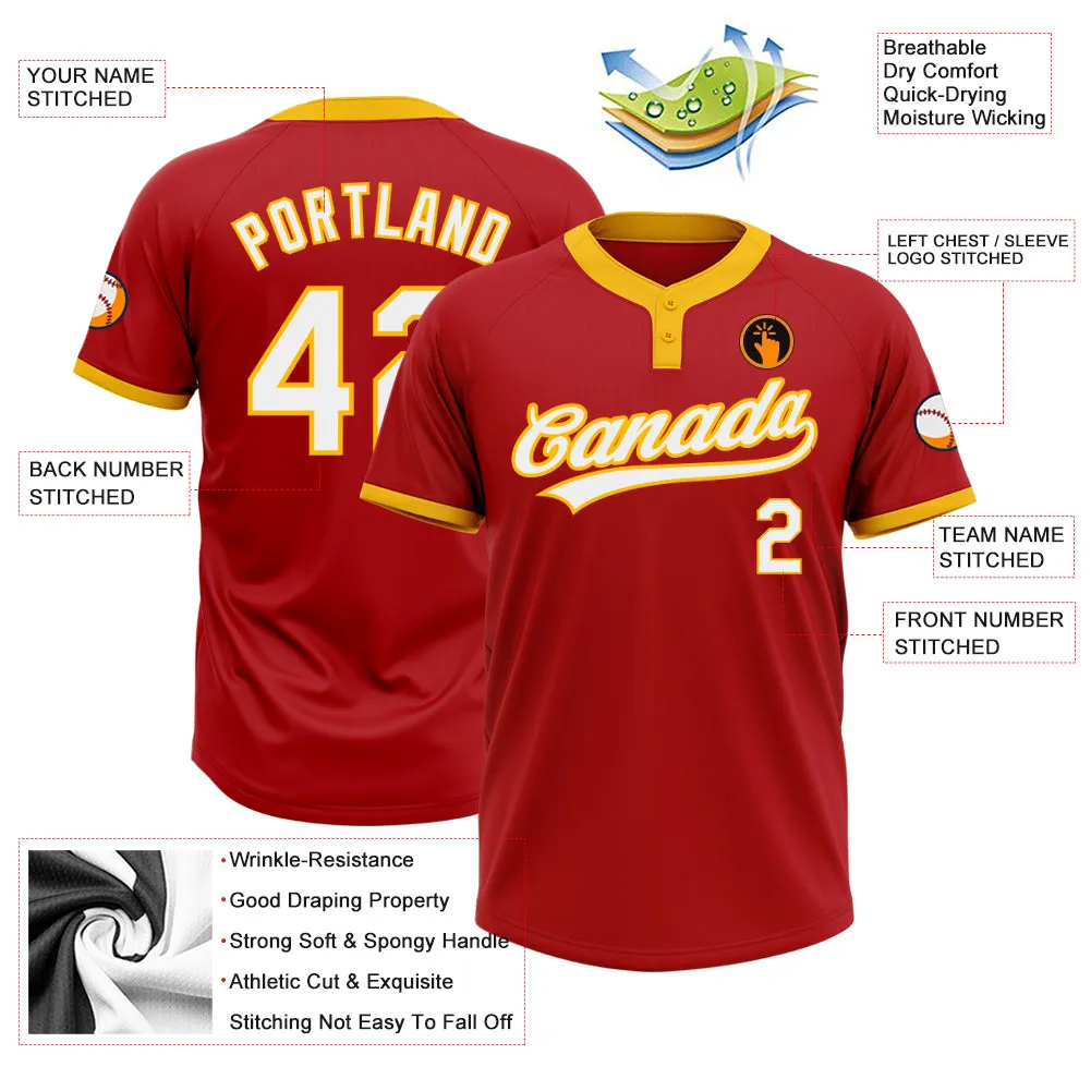Custom Red White-Gold Two-Button Unisex Softball Jersey FansIdea