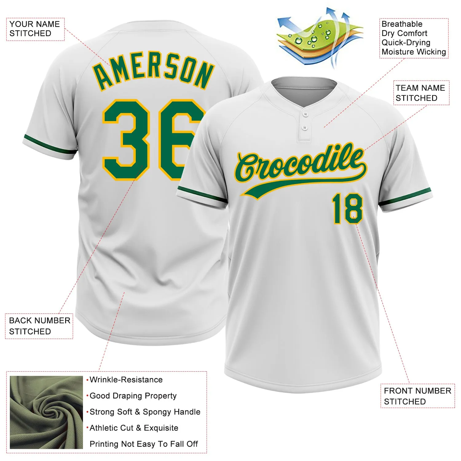 Custom White Kelly Green-Gold Two-Button Unisex Softball Jersey FansIdea