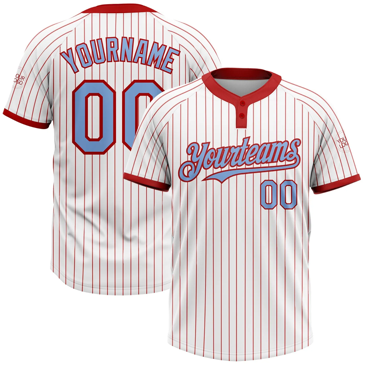 Custom White Red Pinstripe Light Blue Two-Button Unisex Softball Jersey FansIdea