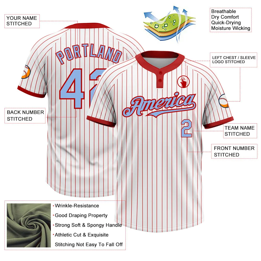Custom White Red Pinstripe Light Blue Two-Button Unisex Softball Jersey FansIdea