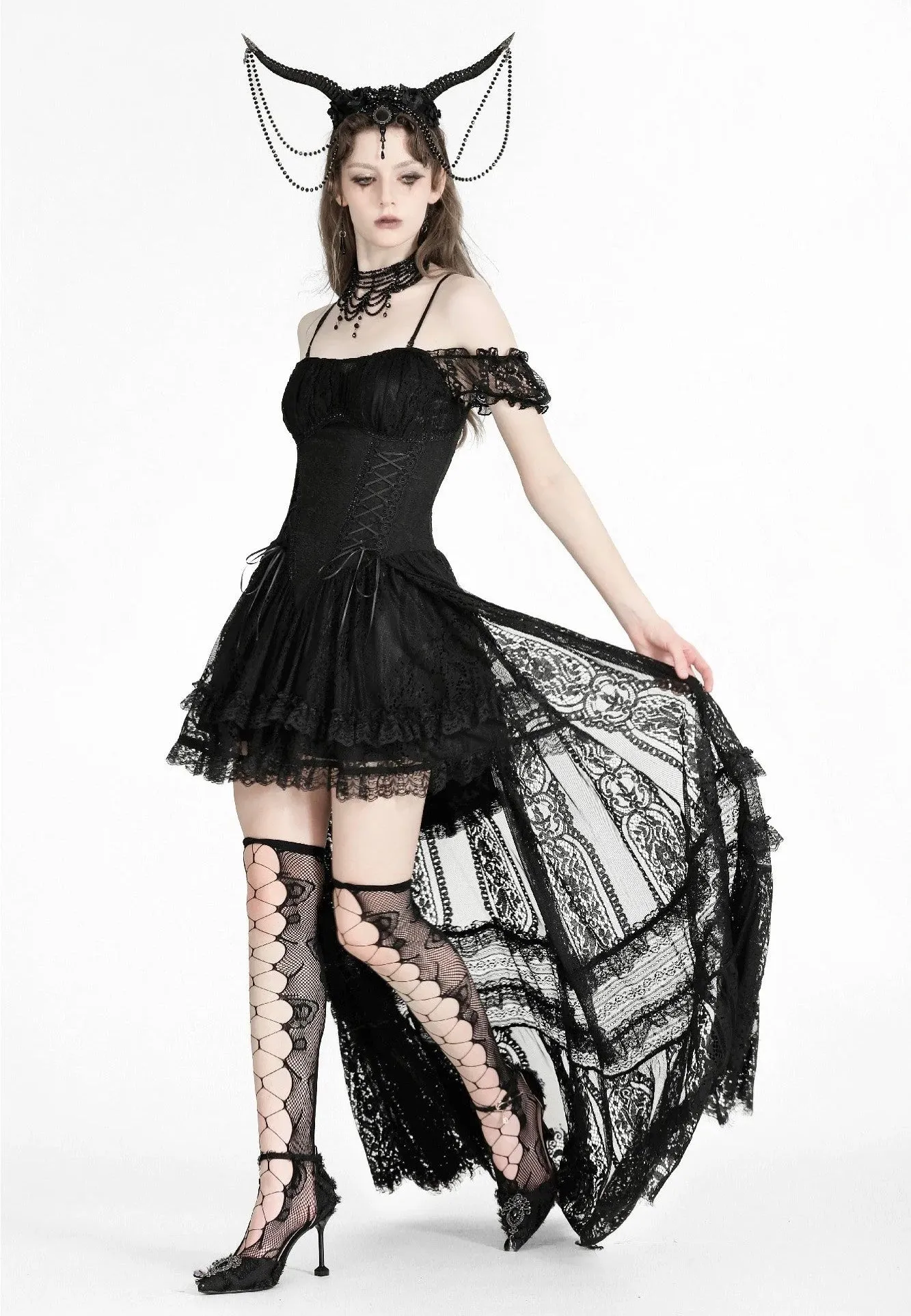 Dark In Love - Gothic Noble Romantic Lace Hi Low Black - Dress