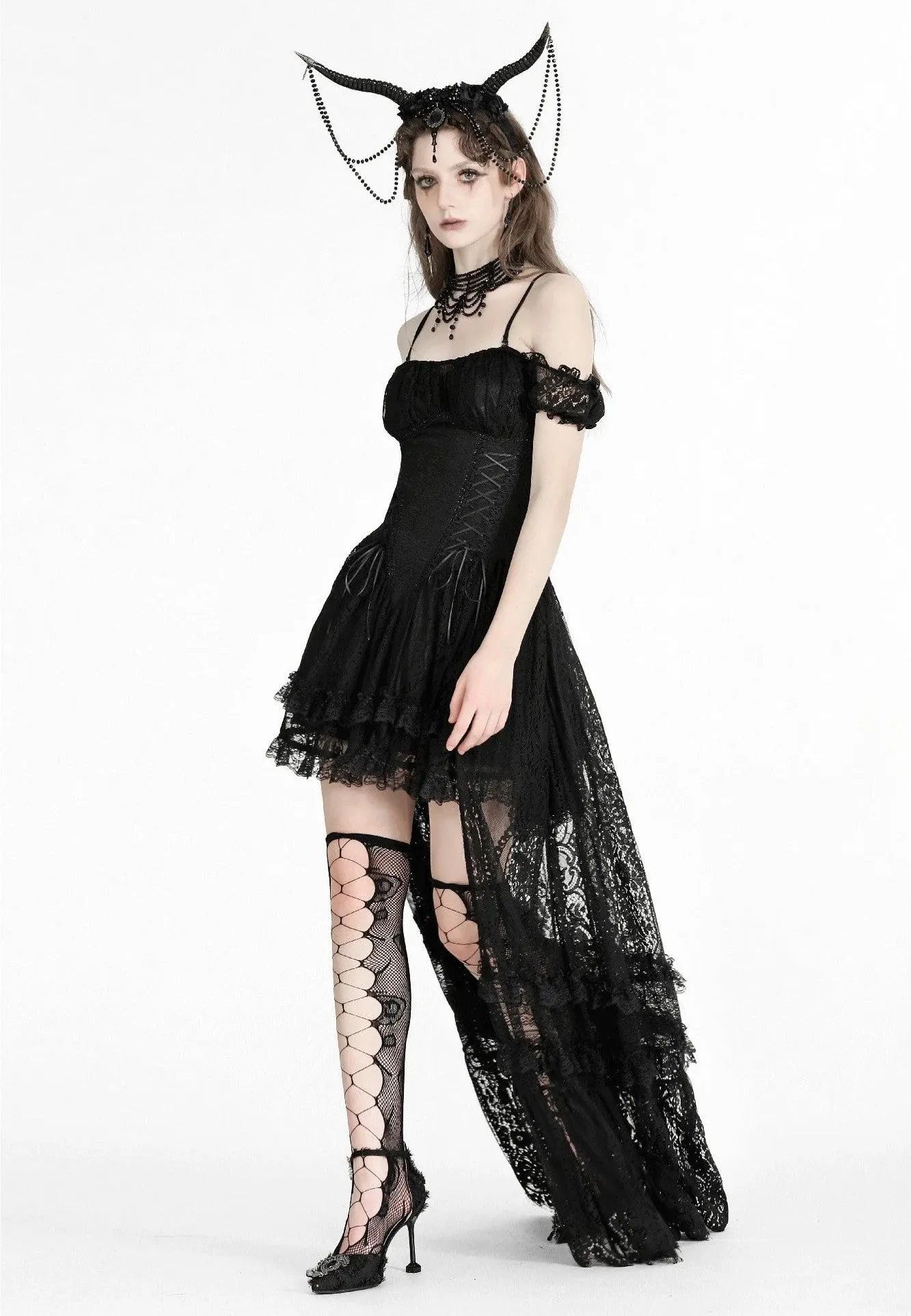 Dark In Love - Gothic Noble Romantic Lace Hi Low Black - Dress