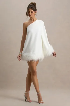 Epiphany | White One Shoulder Cape Sleeve Mini Dress With Feathers Club L London