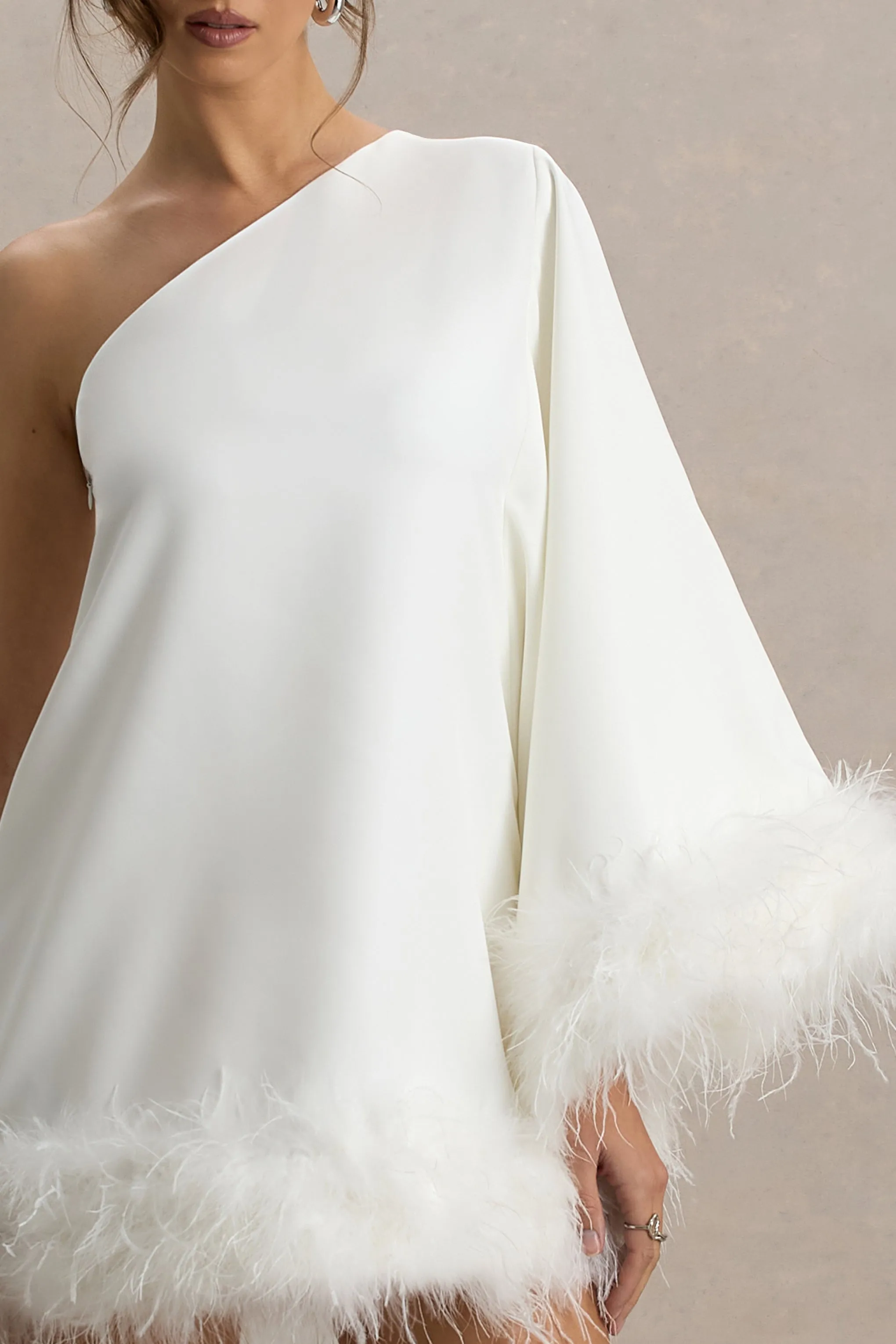 Epiphany | White One Shoulder Cape Sleeve Mini Dress With Feathers Club L London