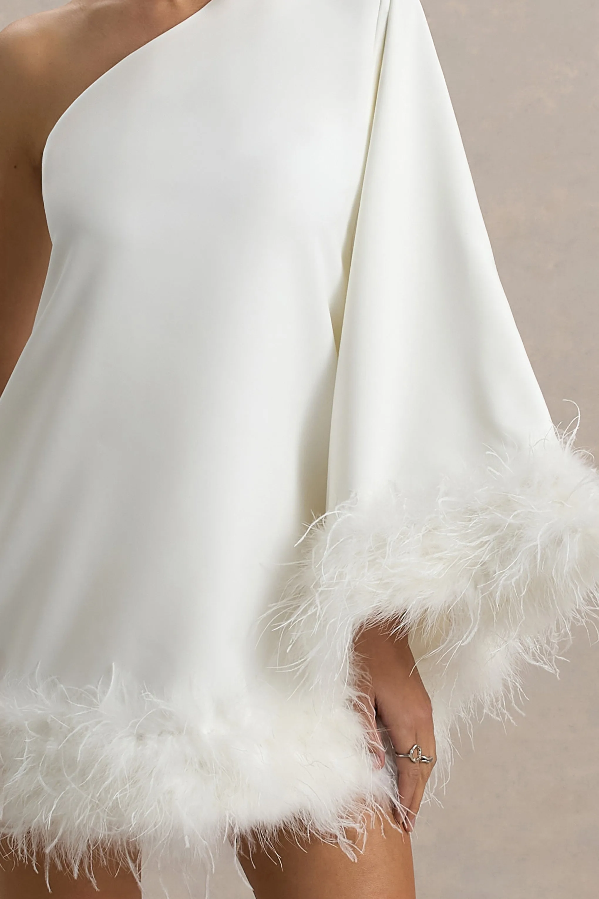 Epiphany | White One Shoulder Cape Sleeve Mini Dress With Feathers Club L London