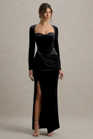 Fay | Black Velvet Corset Style Knot Maxi Dress Club L London