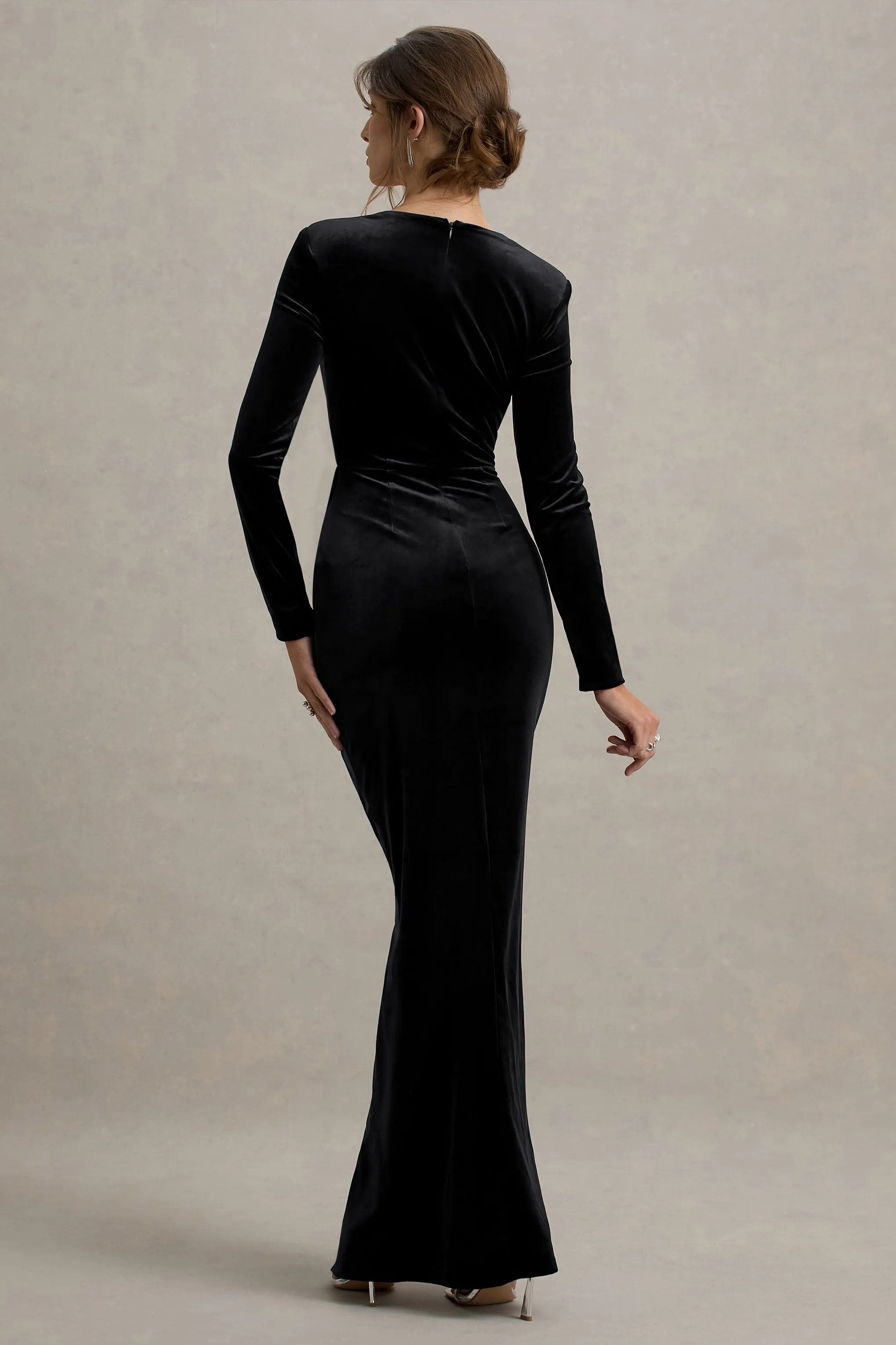 Fay | Black Velvet Corset Style Knot Maxi Dress Club L London