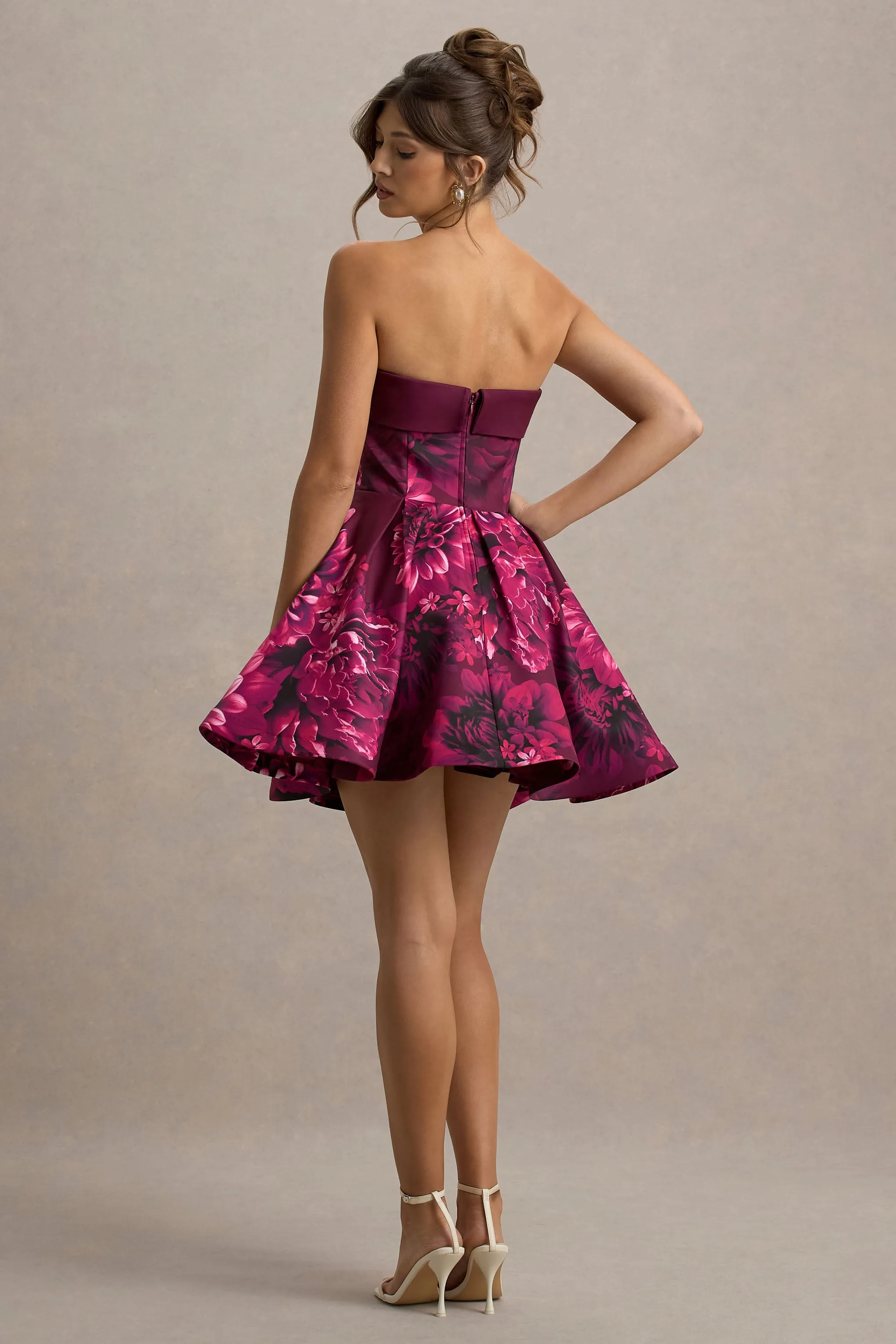 Fiorenza | Pink Floral Print Bandeau Skater Mini Dress Club L London