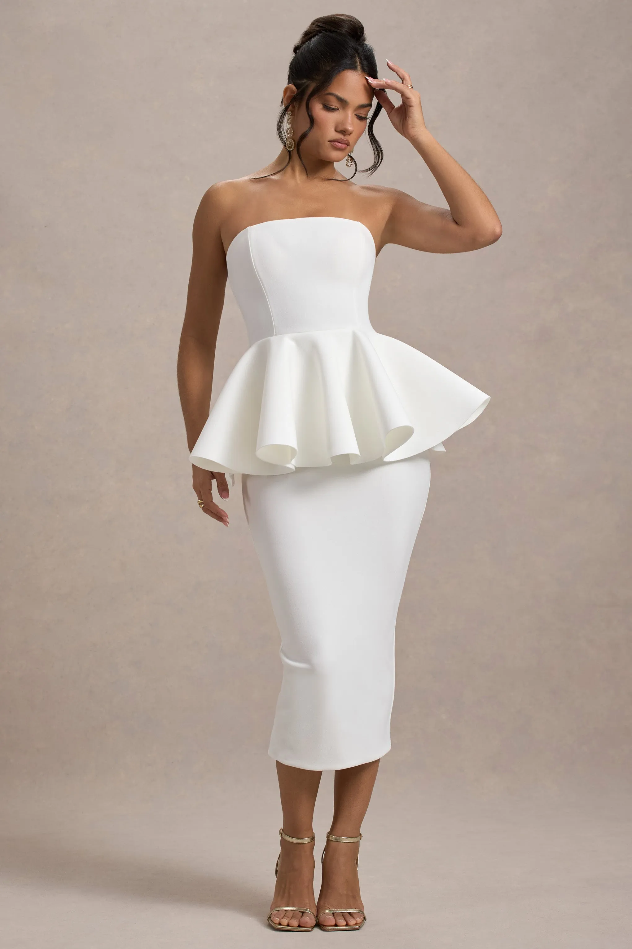 First Dance | White Bandeau Peplum Midi Dress Club L London