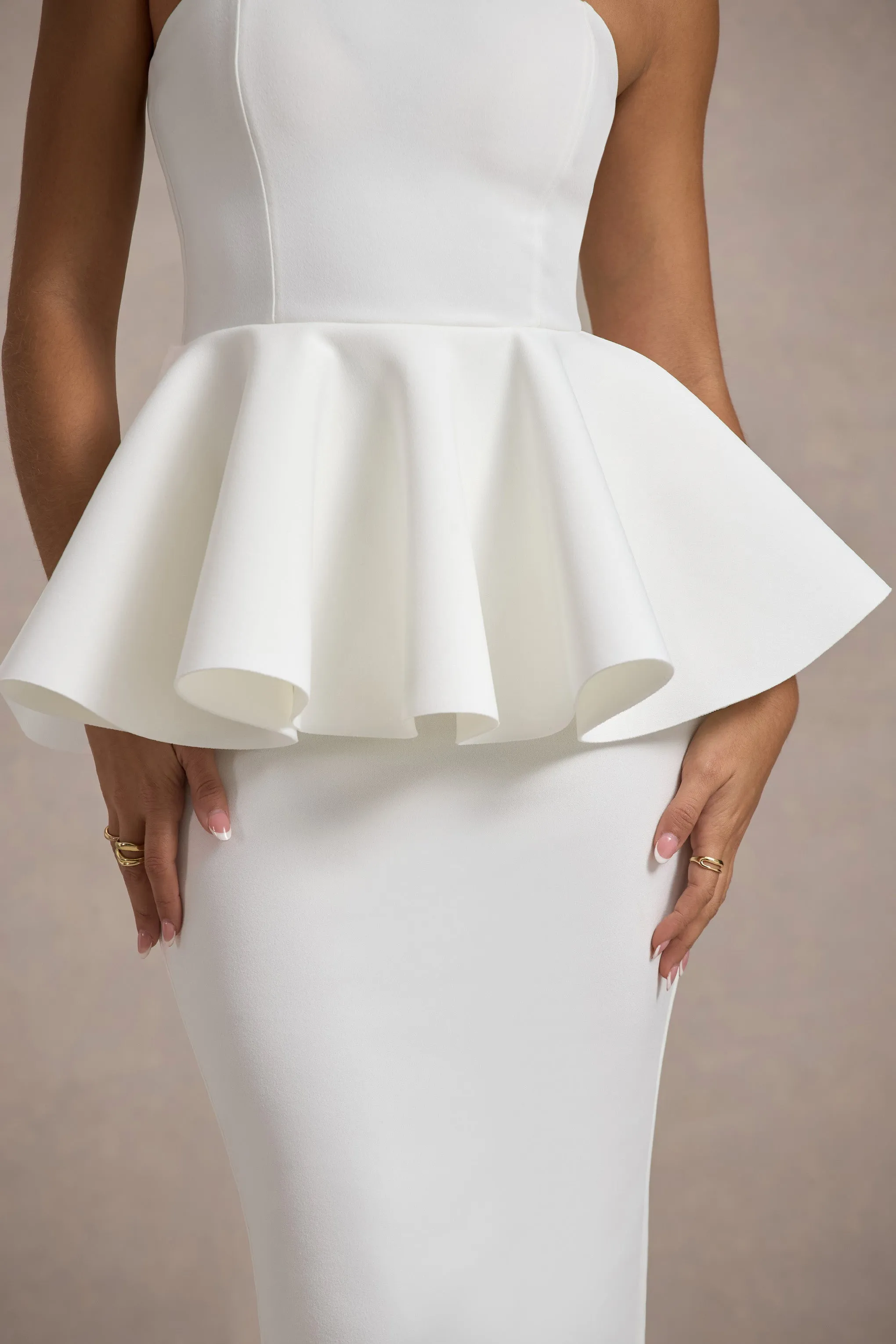 First Dance | White Bandeau Peplum Midi Dress Club L London