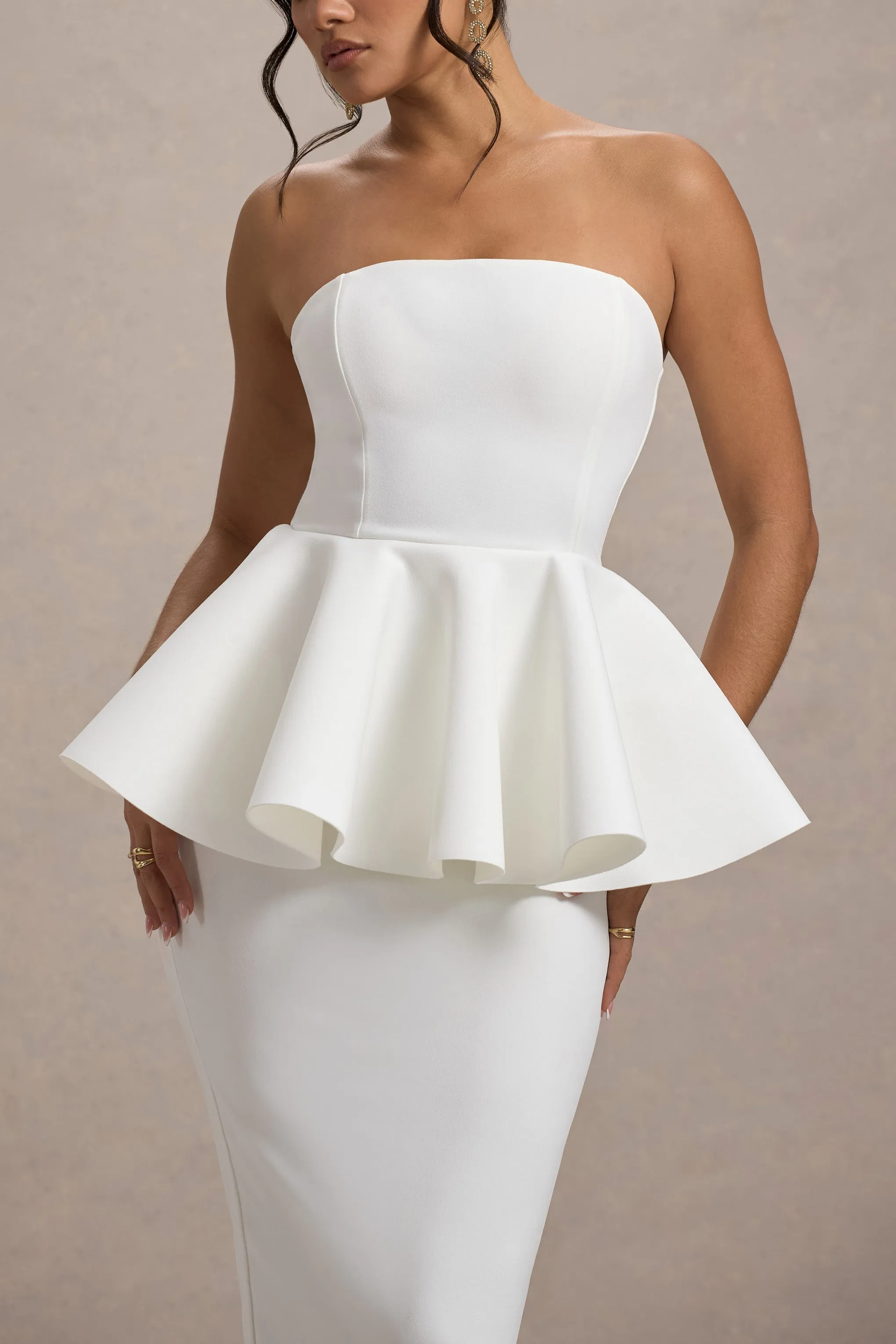 First Dance | White Bandeau Peplum Midi Dress Club L London