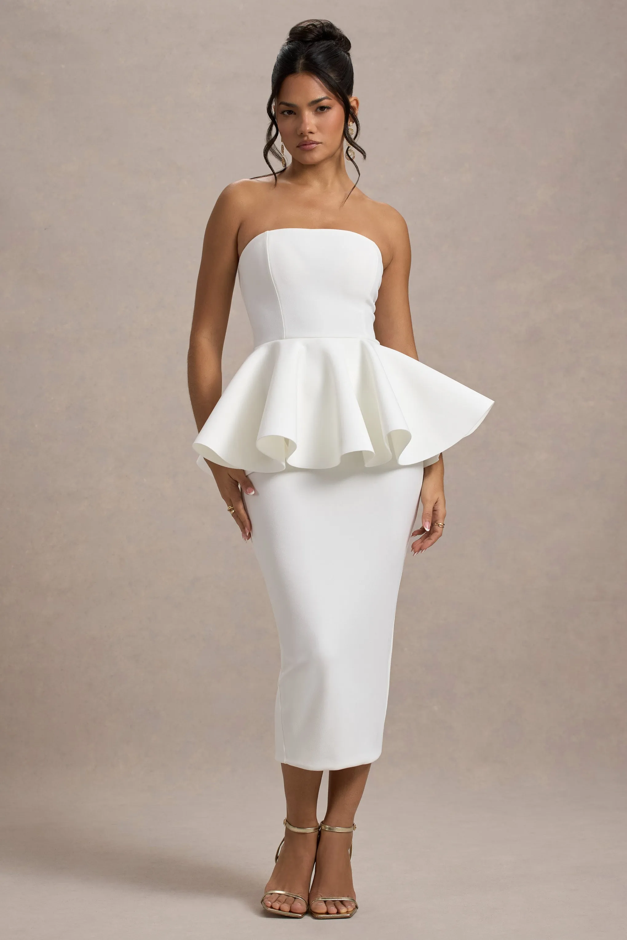 First Dance | White Bandeau Peplum Midi Dress Club L London