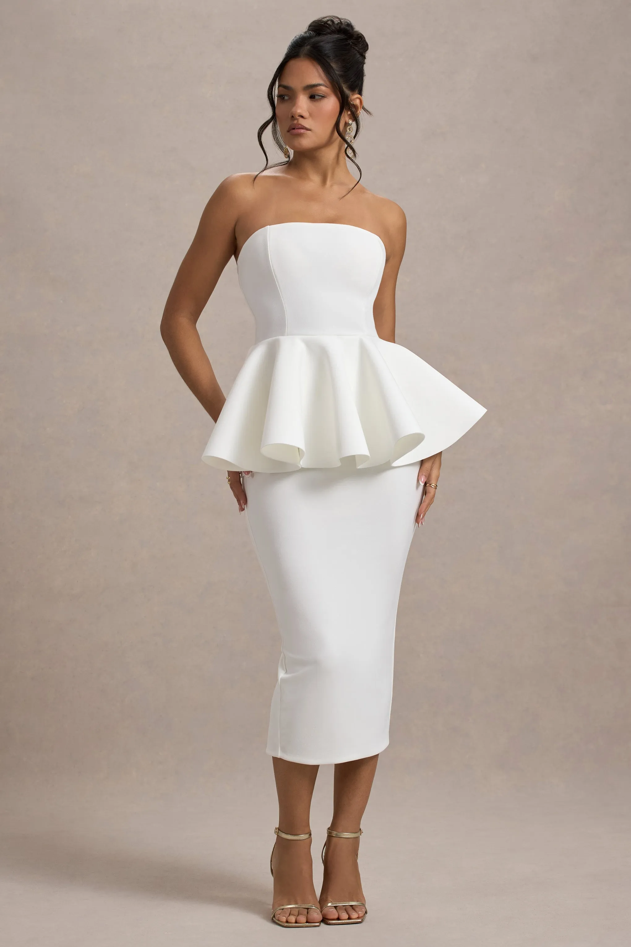 First Dance | White Bandeau Peplum Midi Dress Club L London