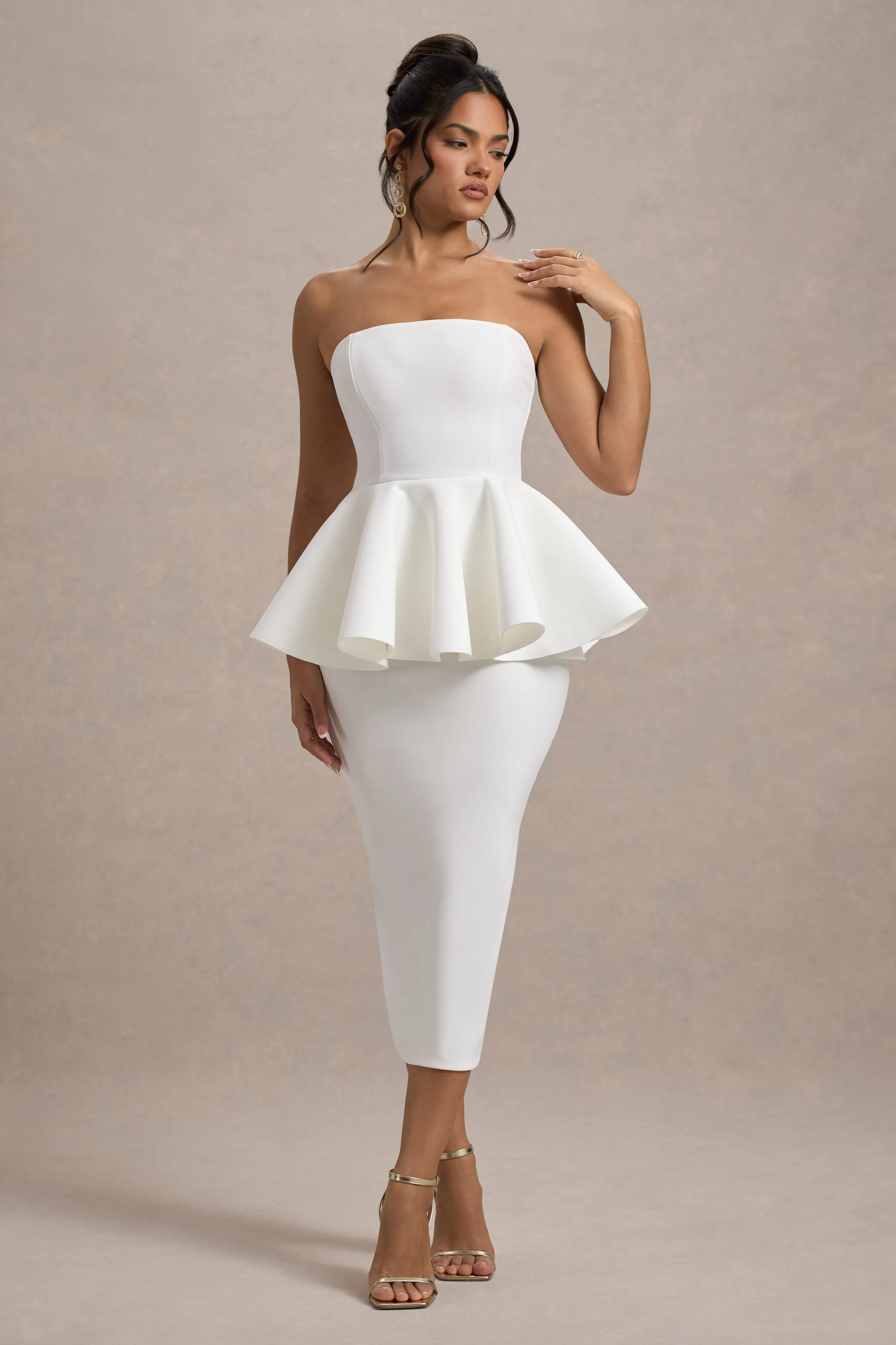 First Dance | White Bandeau Peplum Midi Dress Club L London