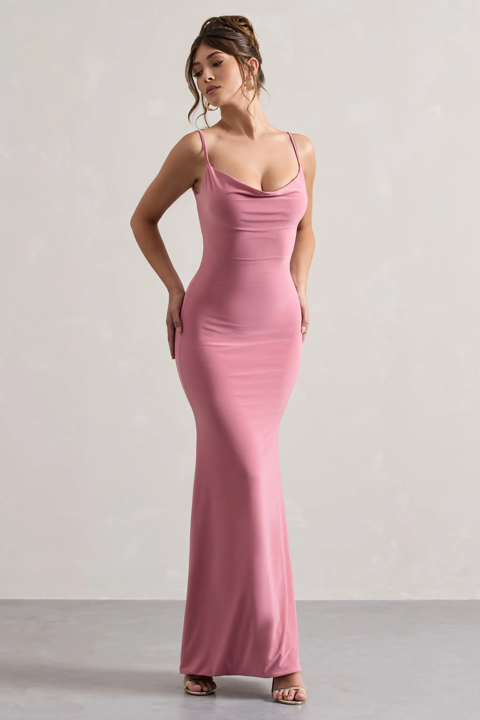 Francoise | Blush Cowl Neck Backless Maxi Dress With Lace Insert Club L London