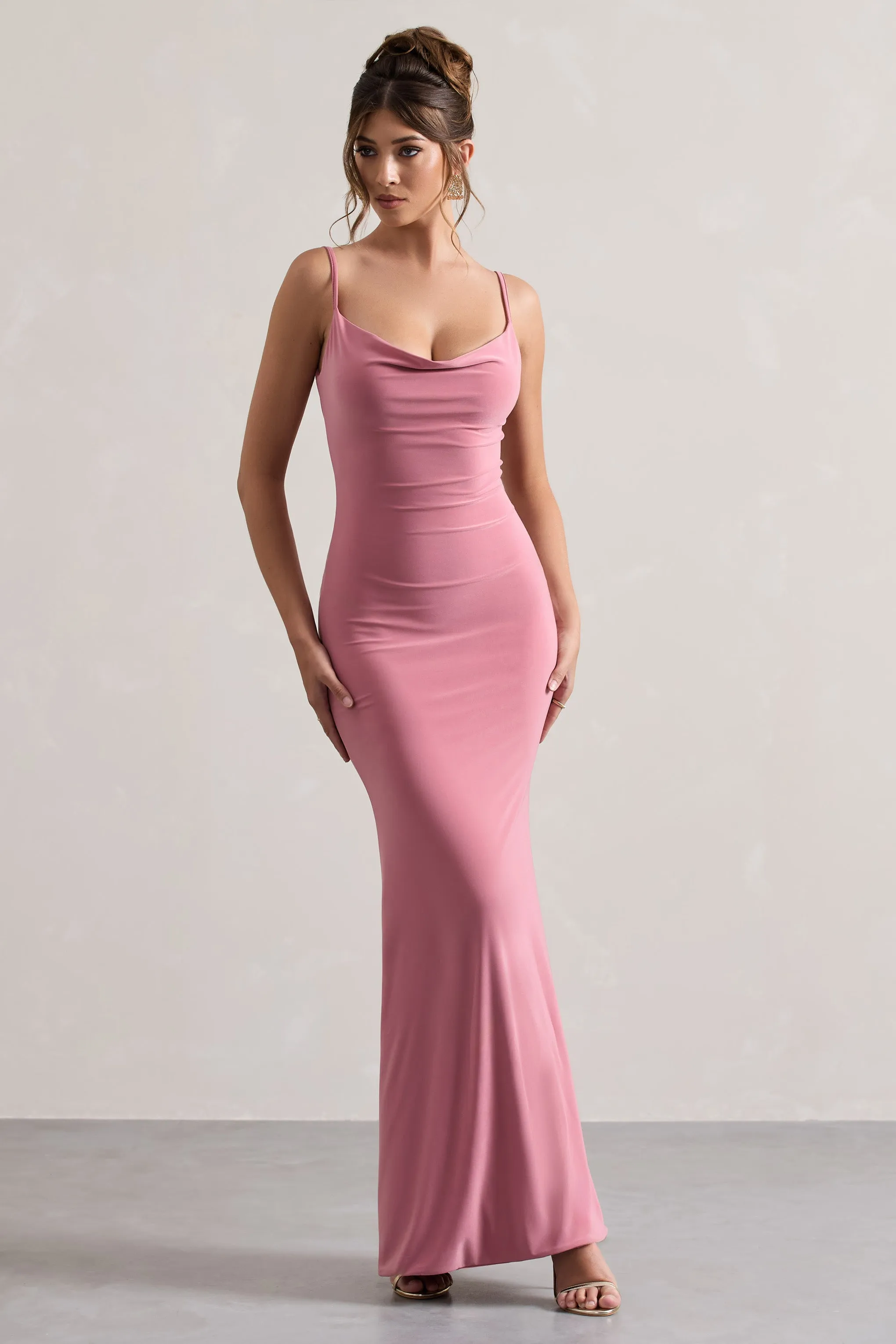 Francoise | Blush Cowl Neck Backless Maxi Dress With Lace Insert Club L London