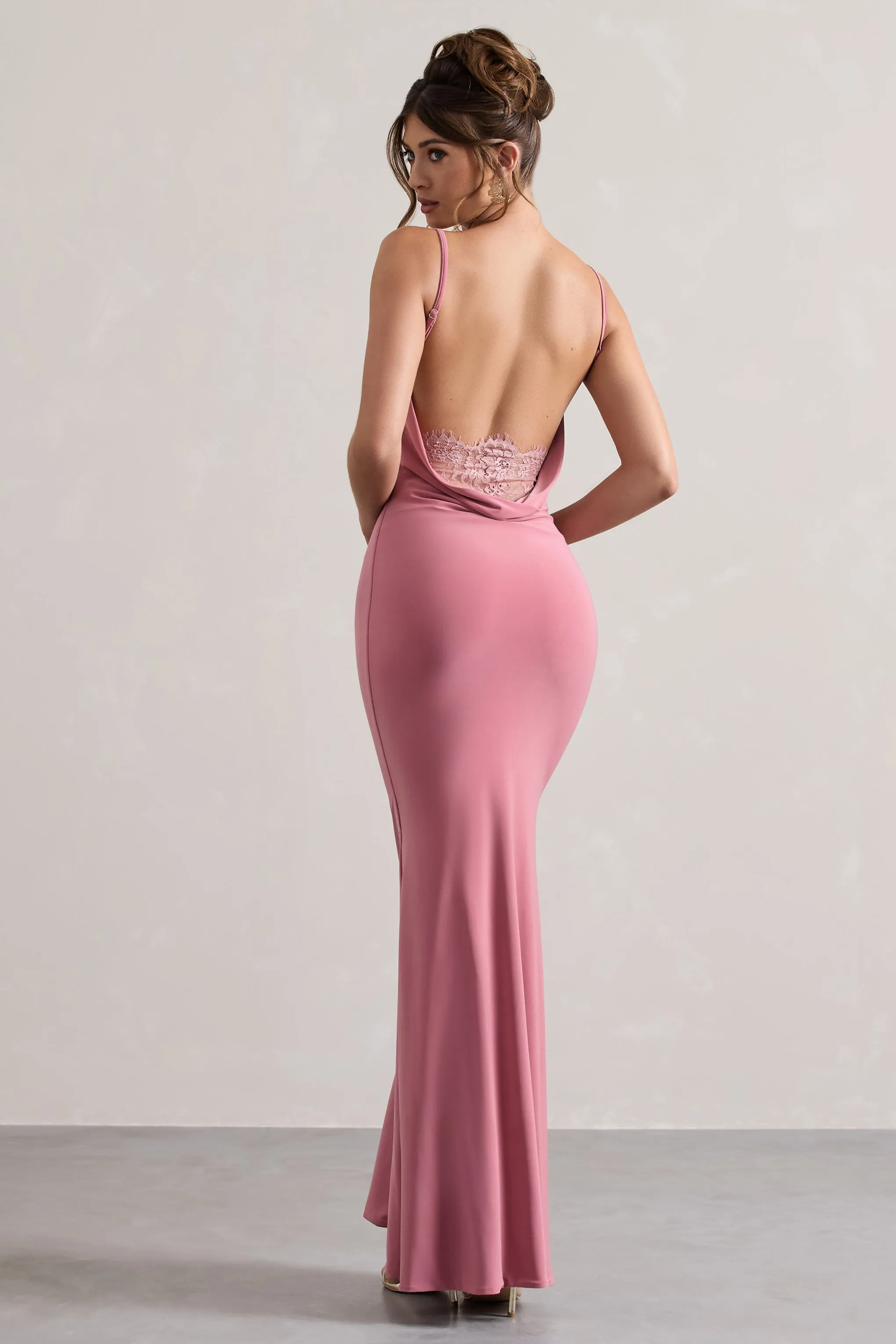 Francoise | Blush Cowl Neck Backless Maxi Dress With Lace Insert Club L London