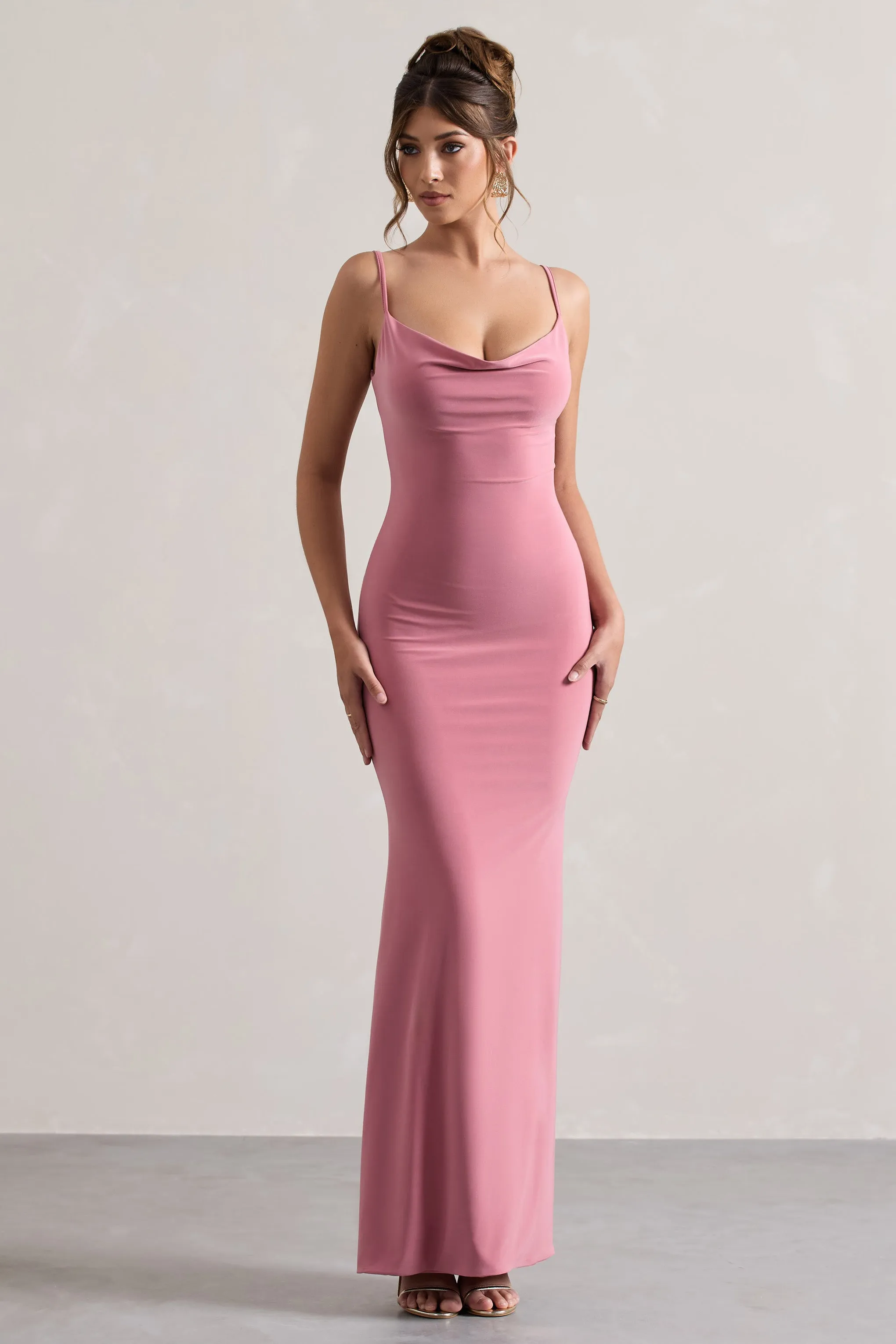 Francoise | Blush Cowl Neck Backless Maxi Dress With Lace Insert Club L London