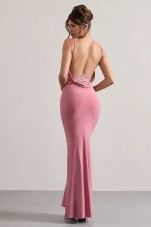 Francoise | Blush Cowl Neck Backless Maxi Dress With Lace Insert Club L London