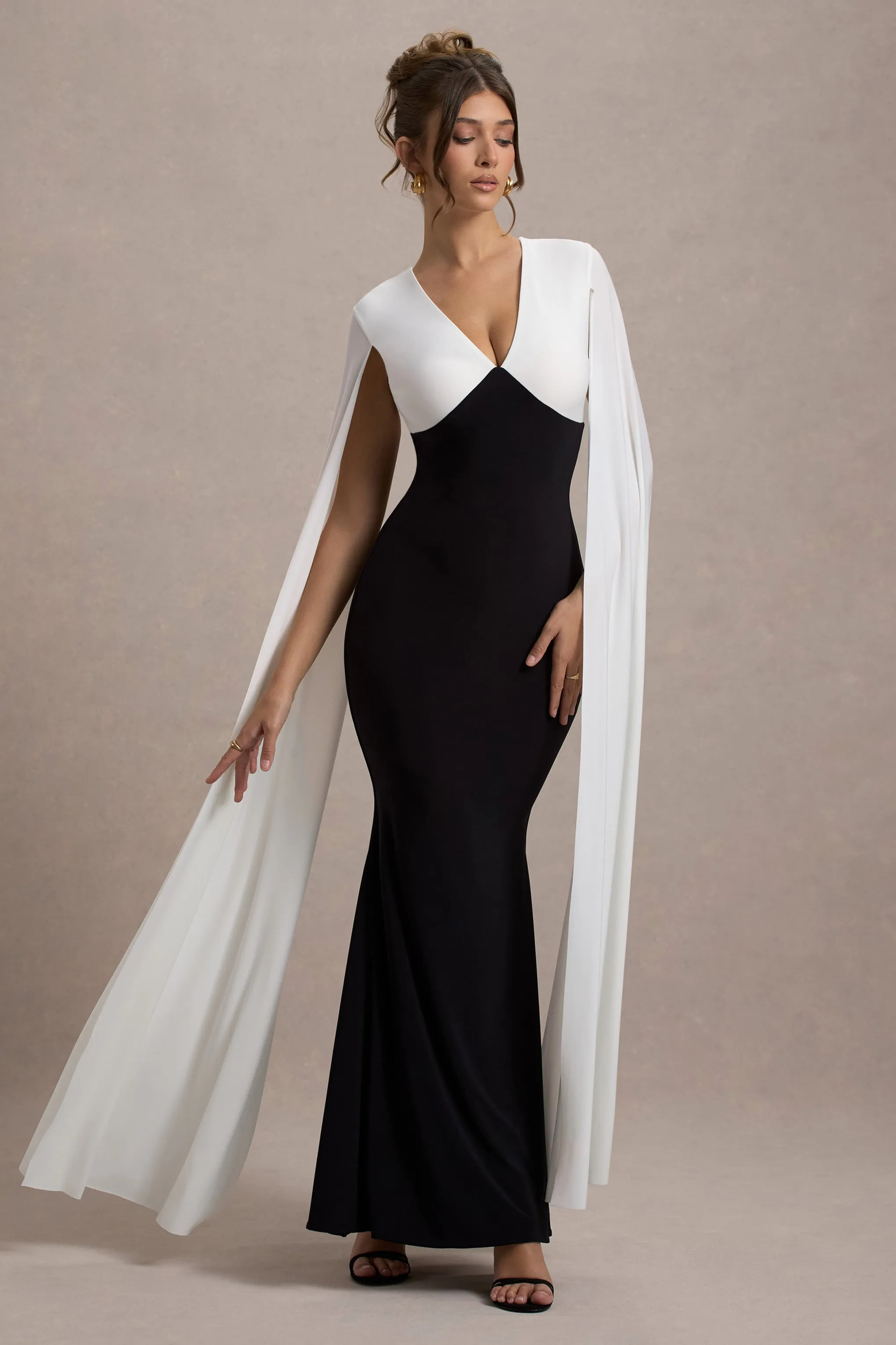Grace Kelly | Black & White Plunge-Neck Maxi Dress With Cape Sleeves Club L London