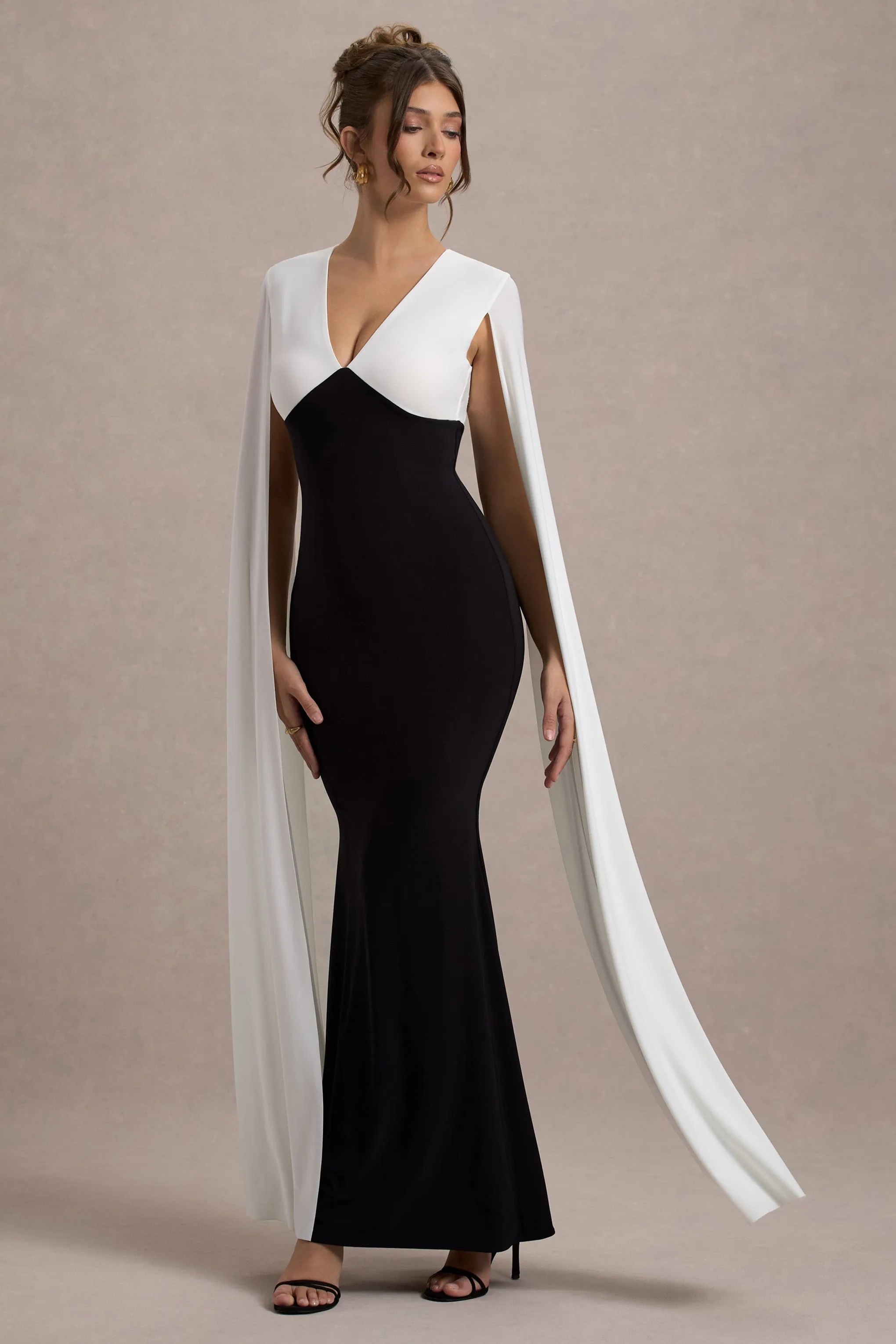 Grace Kelly | Black & White Plunge-Neck Maxi Dress With Cape Sleeves Club L London