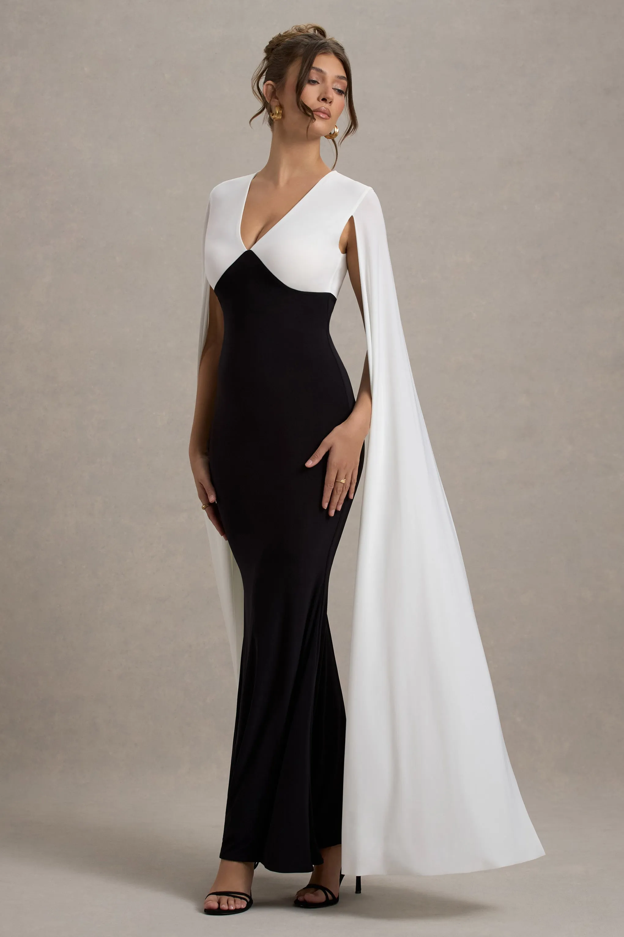 Grace Kelly | Black & White Plunge-Neck Maxi Dress With Cape Sleeves Club L London