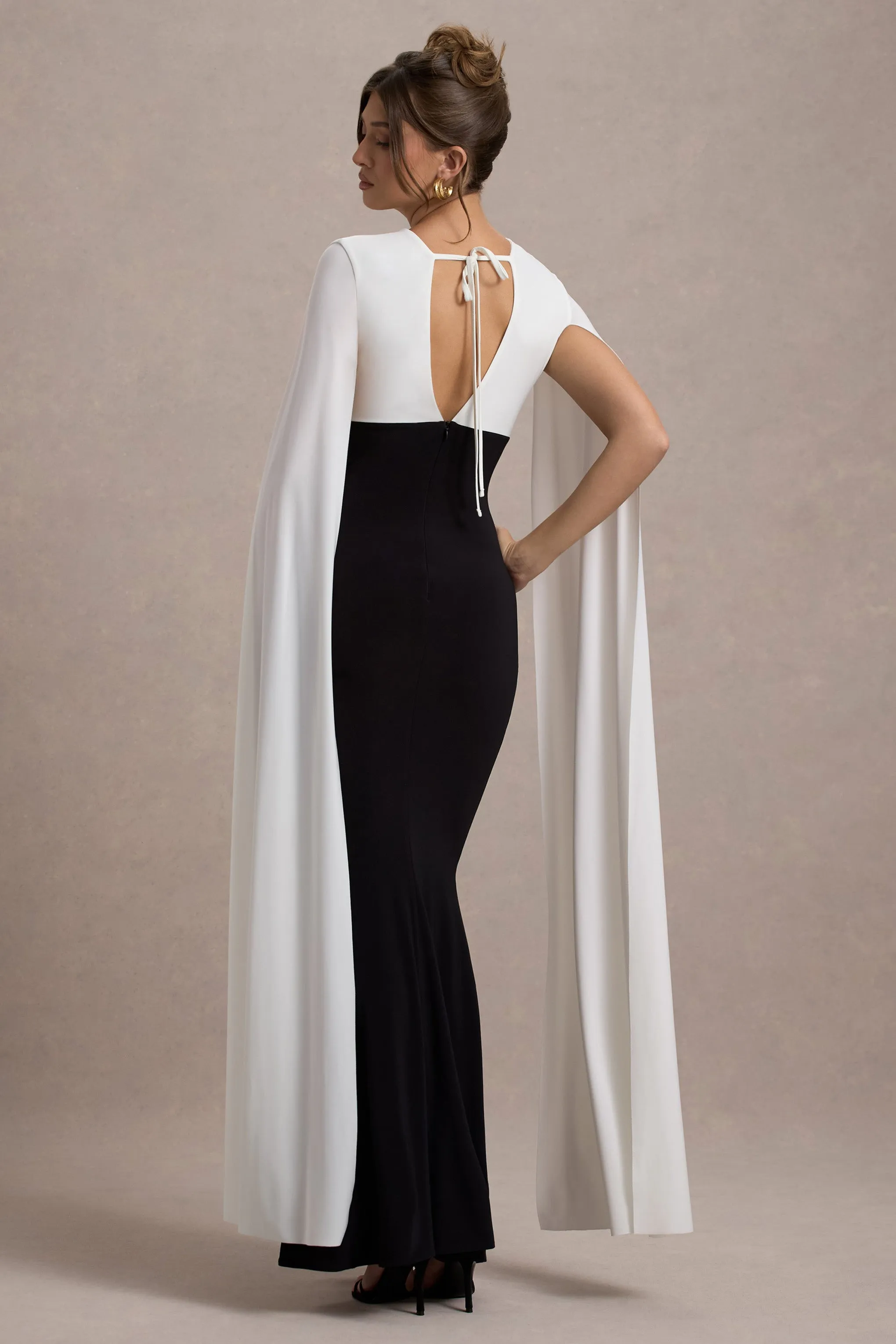 Grace Kelly | Black & White Plunge-Neck Maxi Dress With Cape Sleeves Club L London