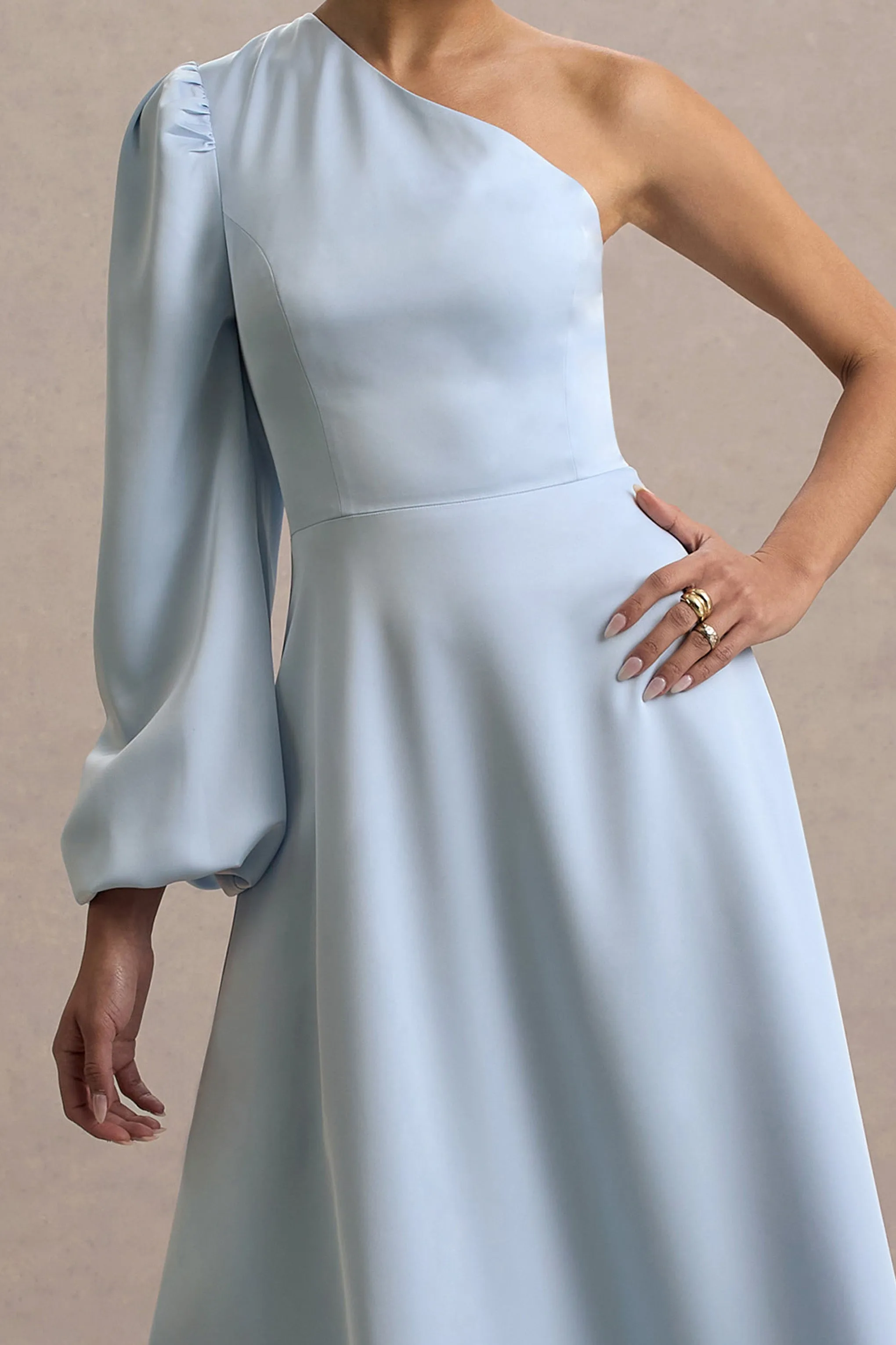 Haila | Powder Blue Satin One-Shoulder Midi Dress Club L London