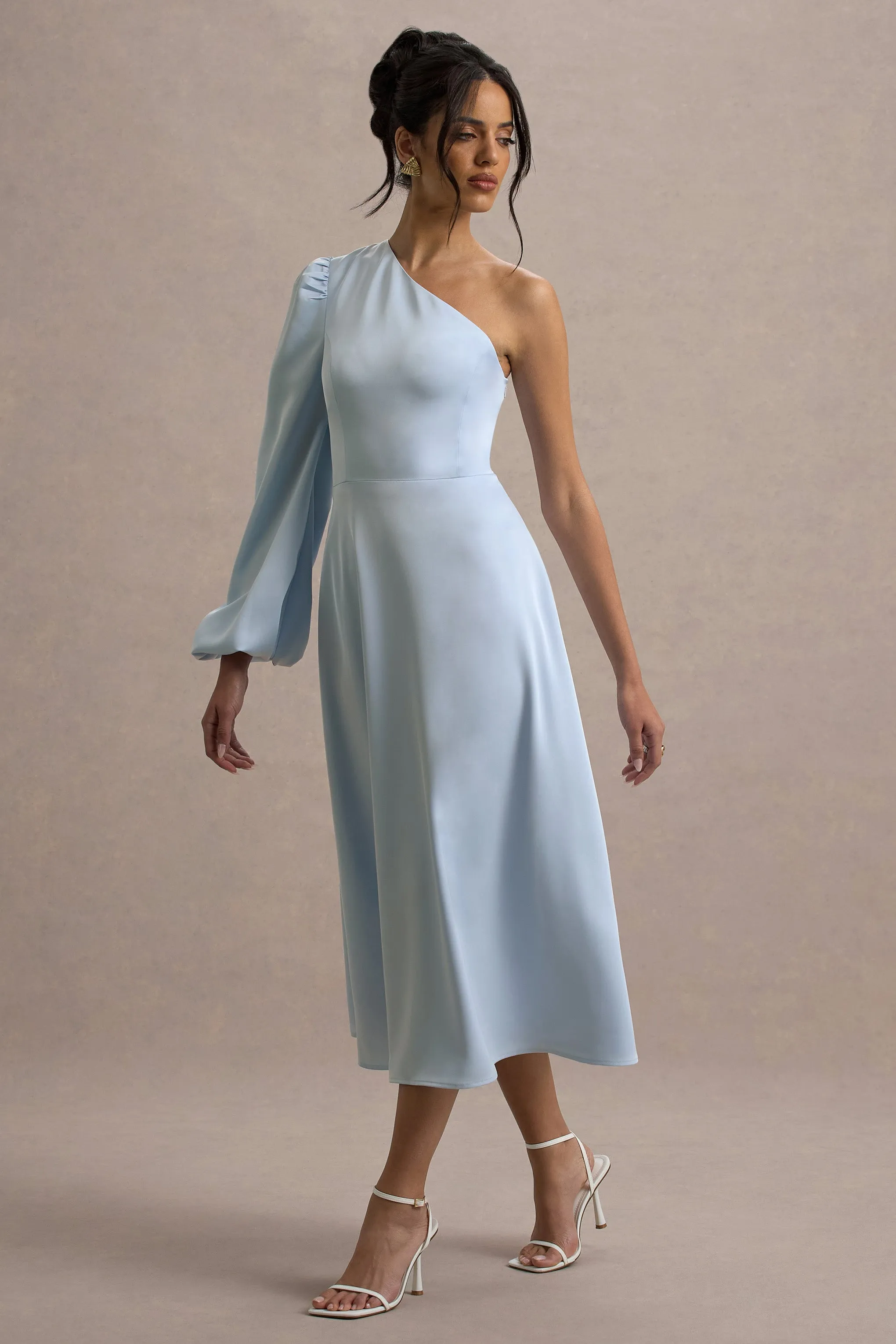 Haila | Powder Blue Satin One-Shoulder Midi Dress Club L London