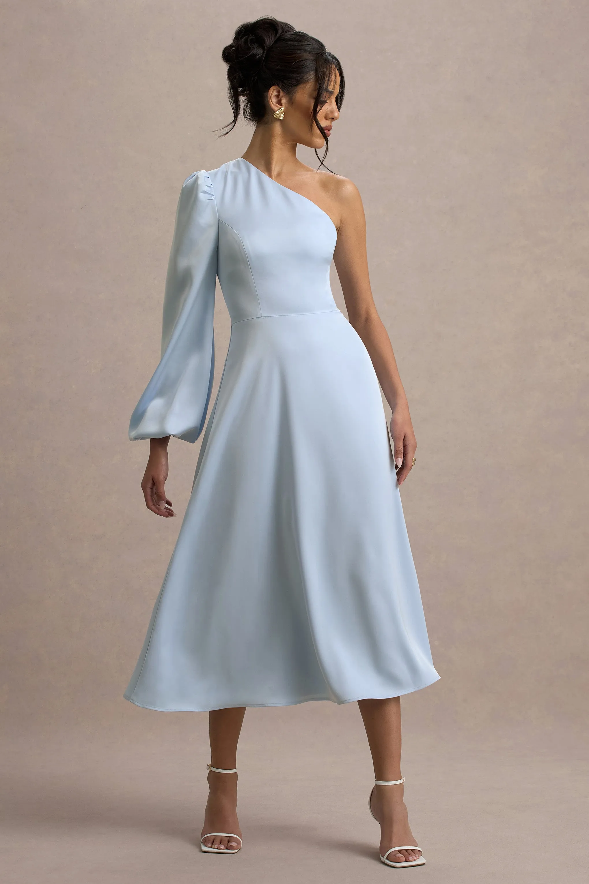 Haila | Powder Blue Satin One-Shoulder Midi Dress Club L London