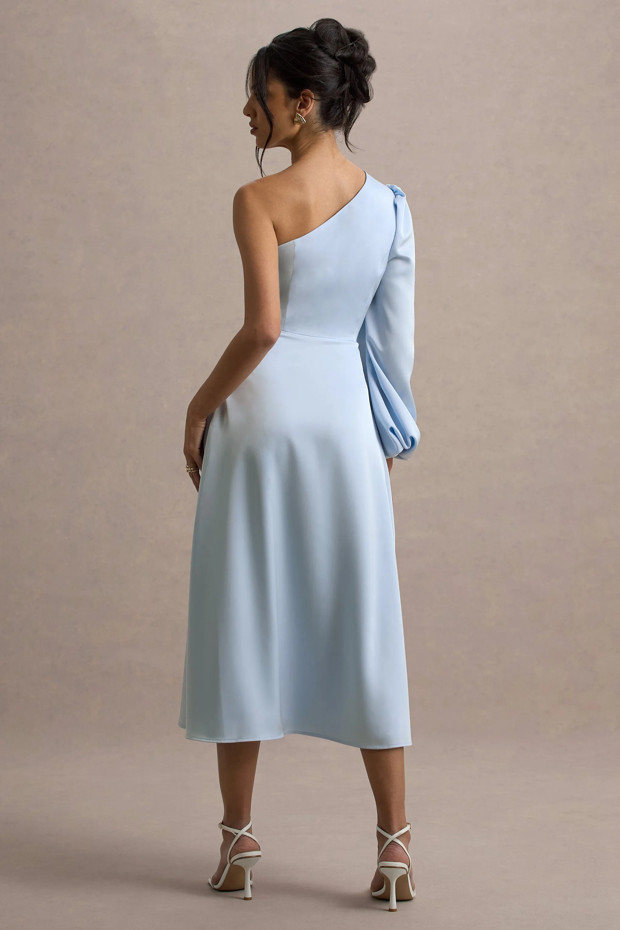 Haila | Powder Blue Satin One-Shoulder Midi Dress Club L London