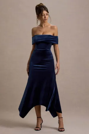 Halia | Navy Velvet Bardot Midi Dress Club L London
