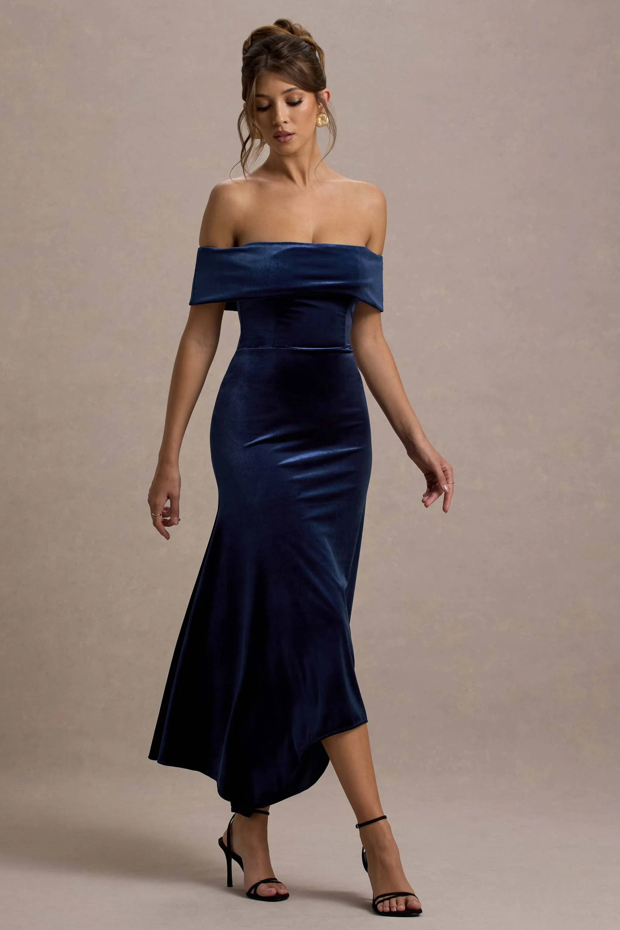 Halia | Navy Velvet Bardot Midi Dress Club L London