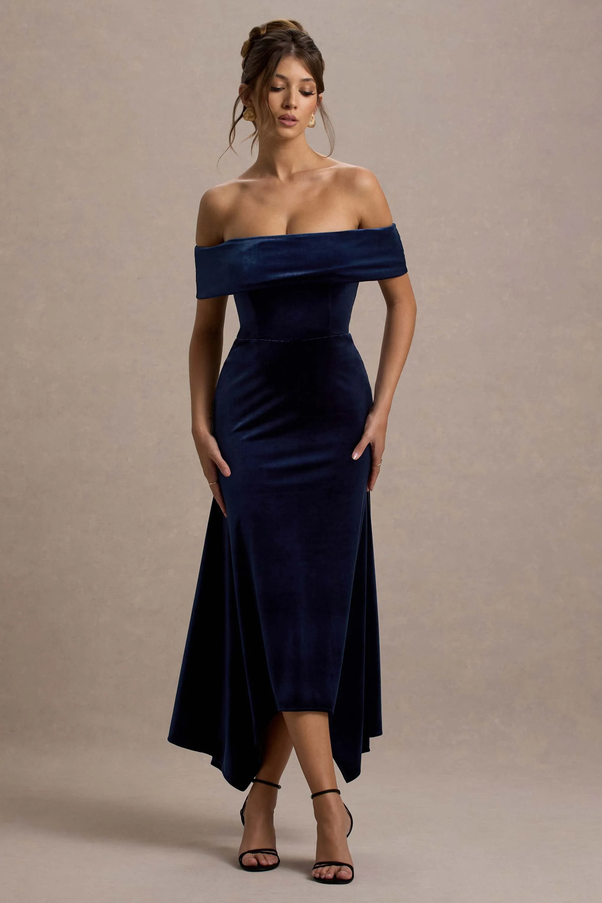 Halia | Navy Velvet Bardot Midi Dress Club L London