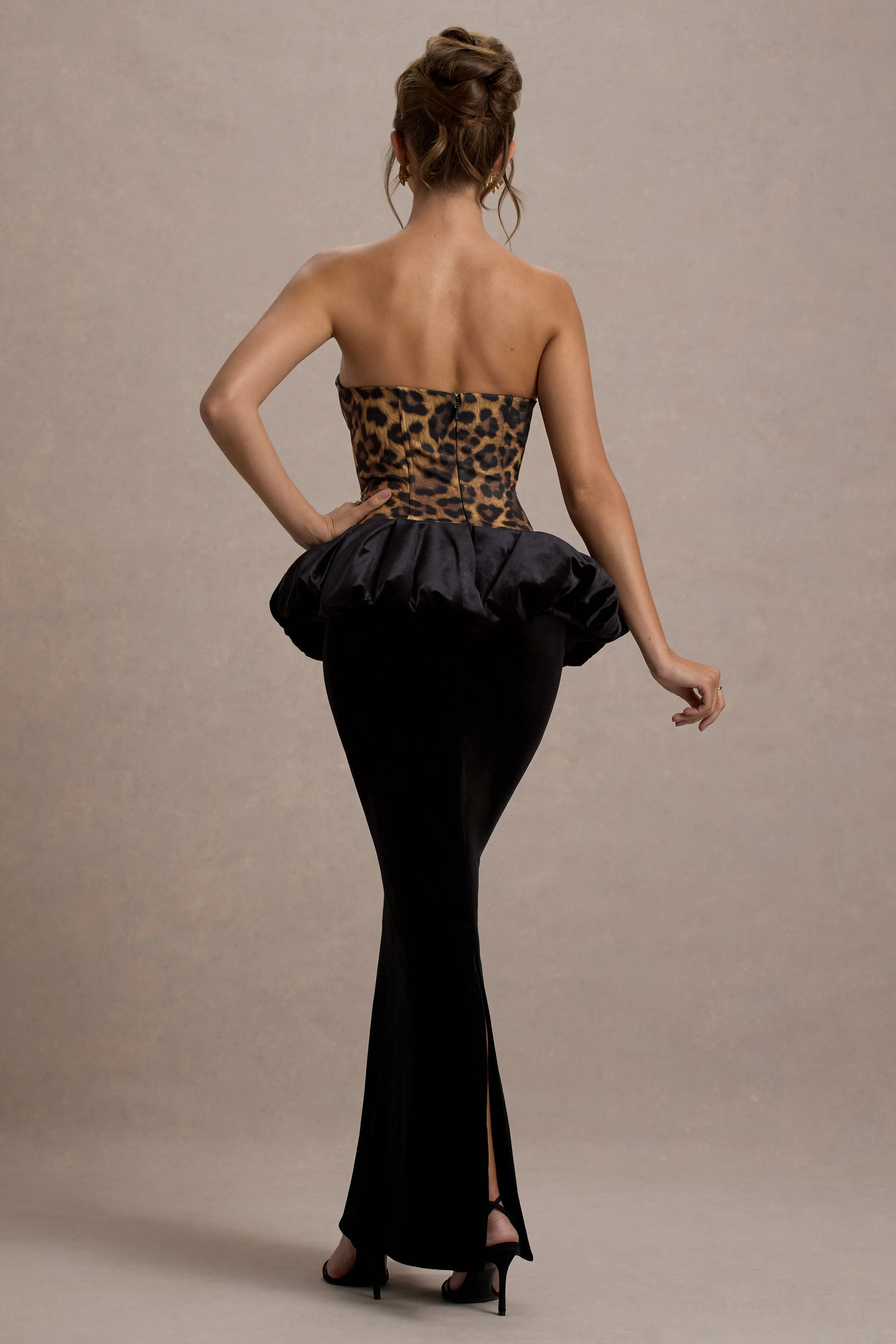 Harriette | Leopard Print Bandeau Maxi Dress With Black Velvet Peplum Skirt Club L London