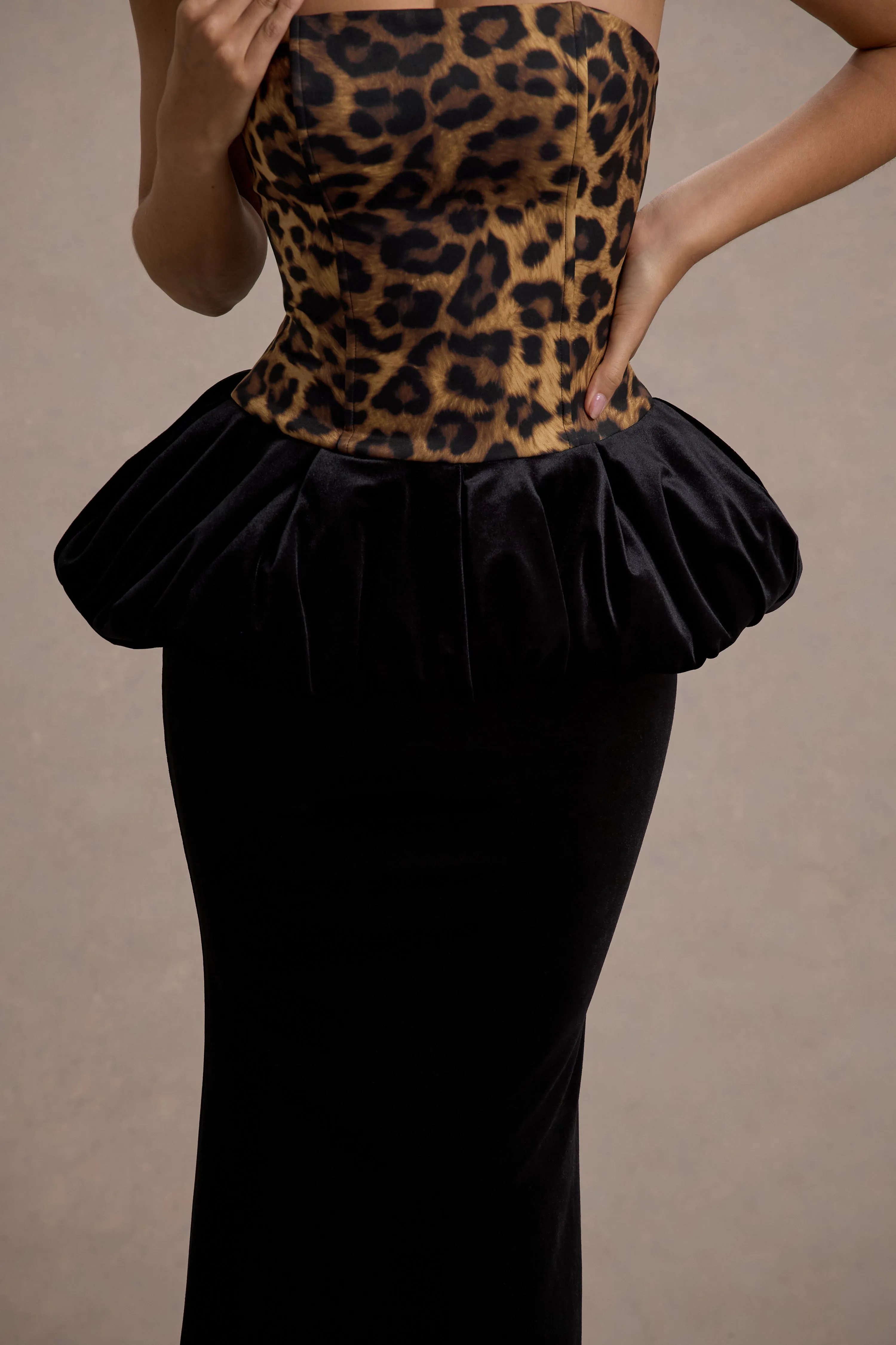 Harriette | Leopard Print Bandeau Maxi Dress With Black Velvet Peplum Skirt Club L London