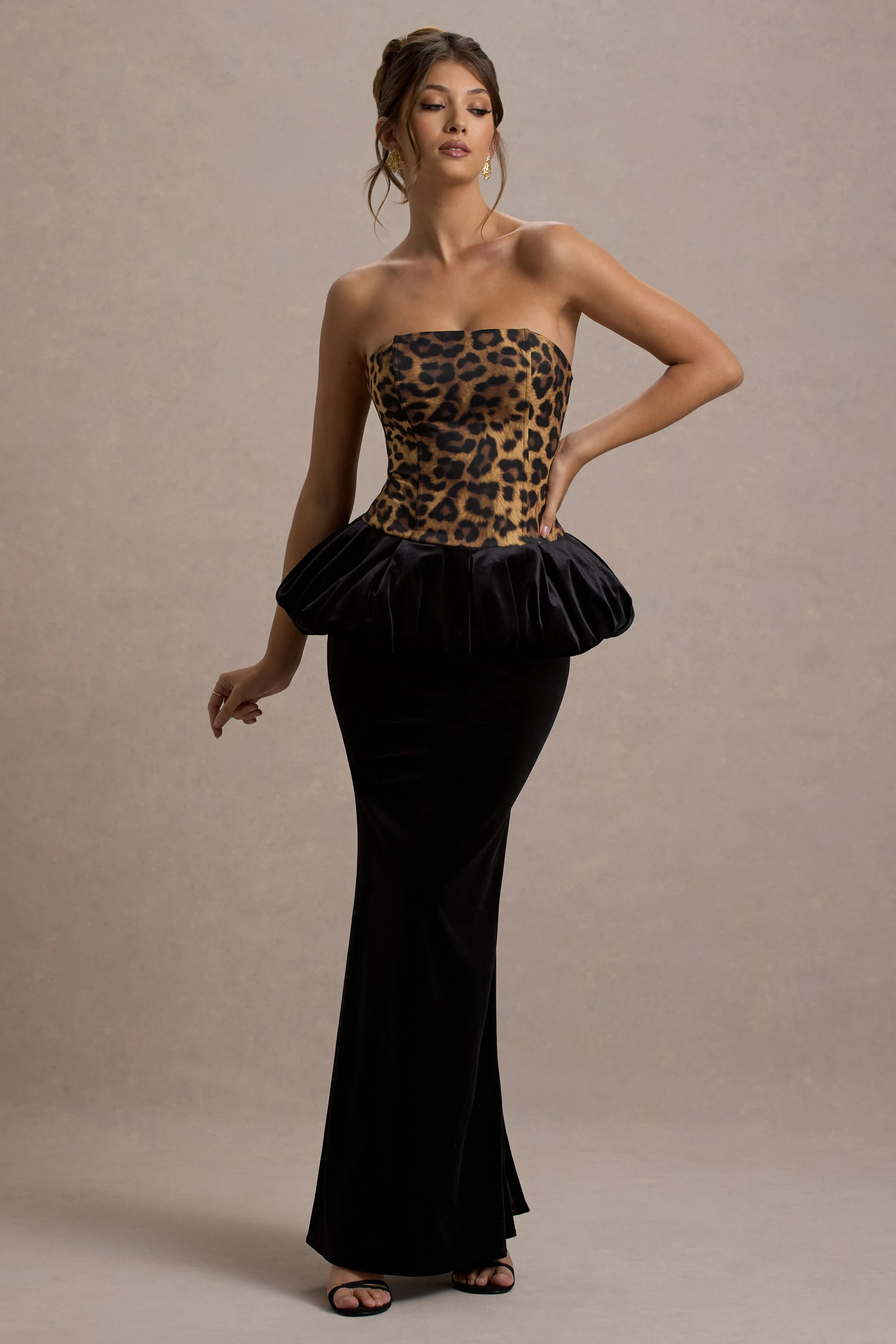 Harriette | Leopard Print Bandeau Maxi Dress With Black Velvet Peplum Skirt Club L London