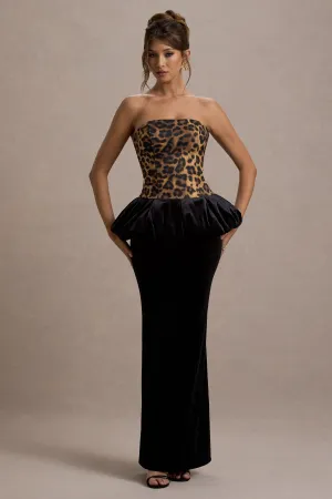 Harriette | Leopard Print Bandeau Maxi Dress With Black Velvet Peplum Skirt Club L London